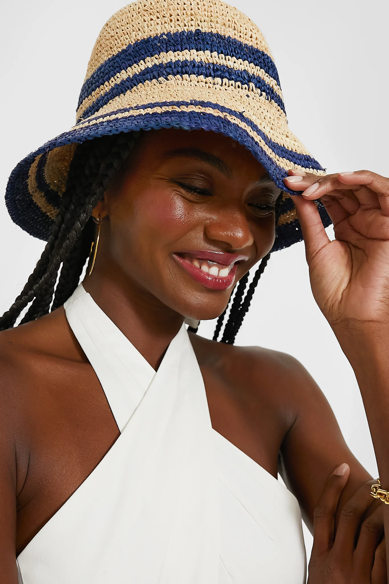 Natural and Navy Raffia Bucket Hat - Image 3