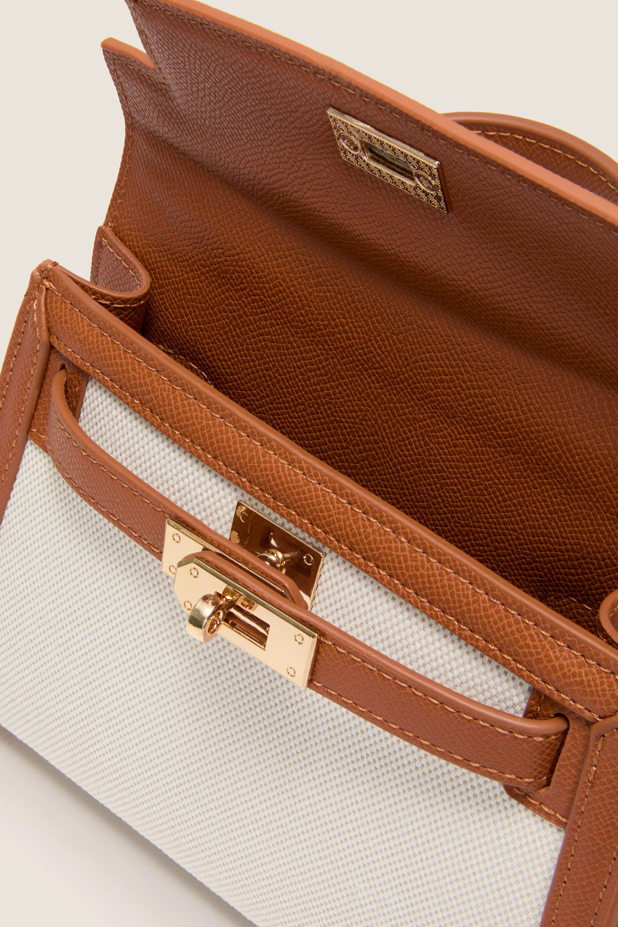 Natural Linen and Tan Hariette Handle Bag - Image 6