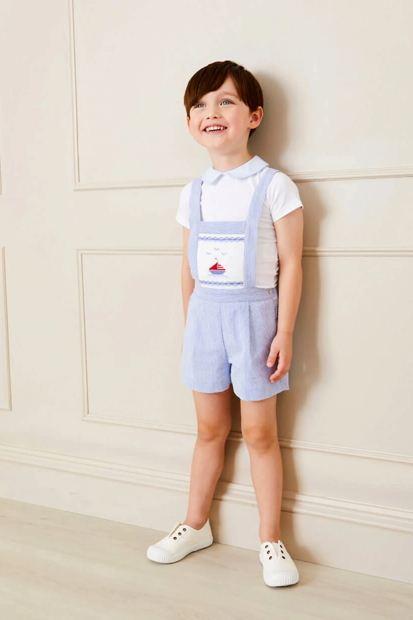 Nautical Striped Boat Embroidery Short Dungarees in Blue - Image 2