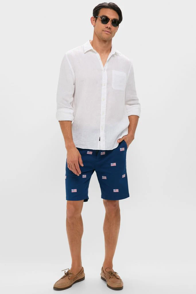Navy American Flag Embroidered Stretch Twill Cisco Shorts
