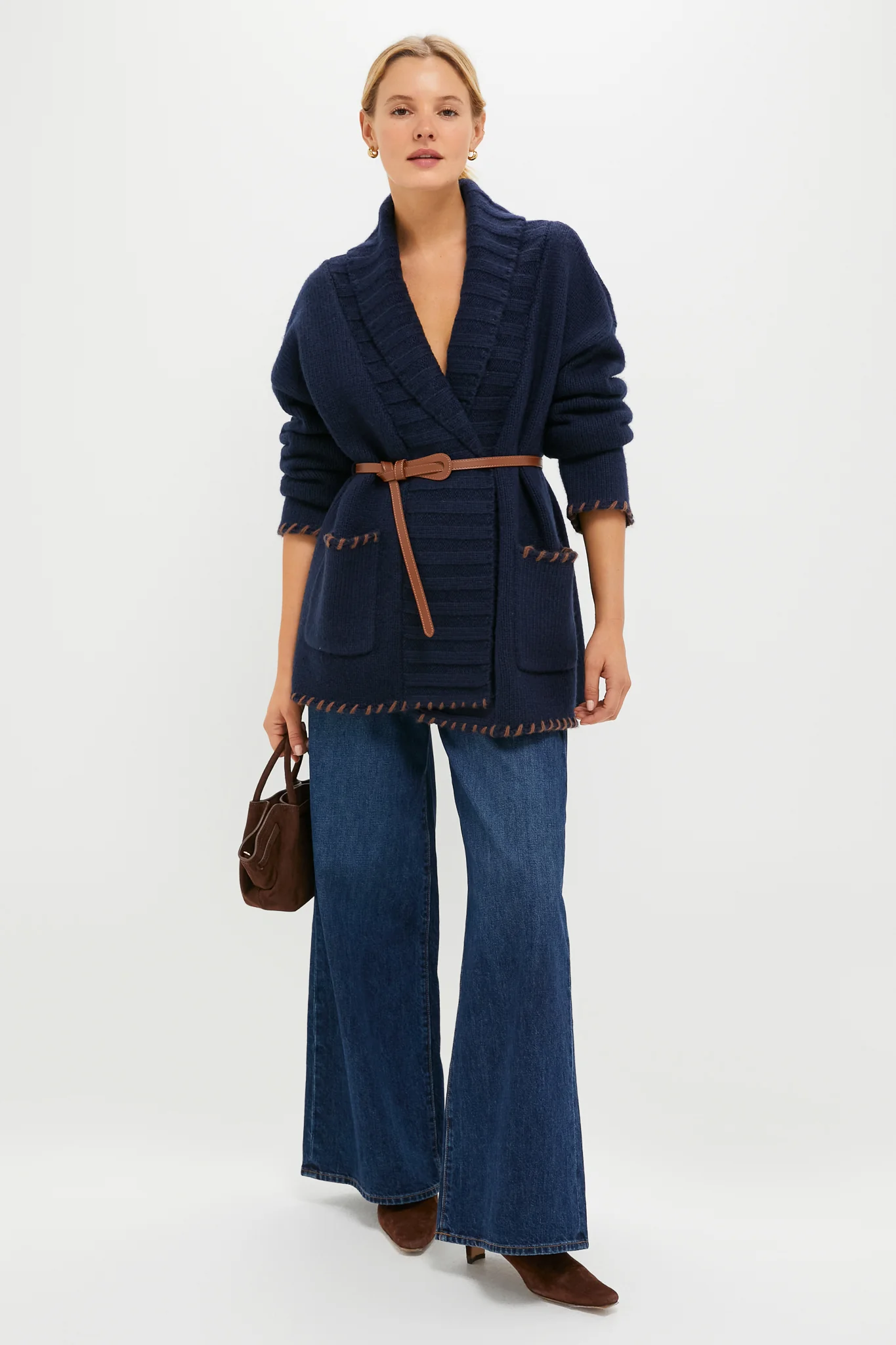 Navy and Brown Blanket Stitch Harrow Cardigan - Image 2