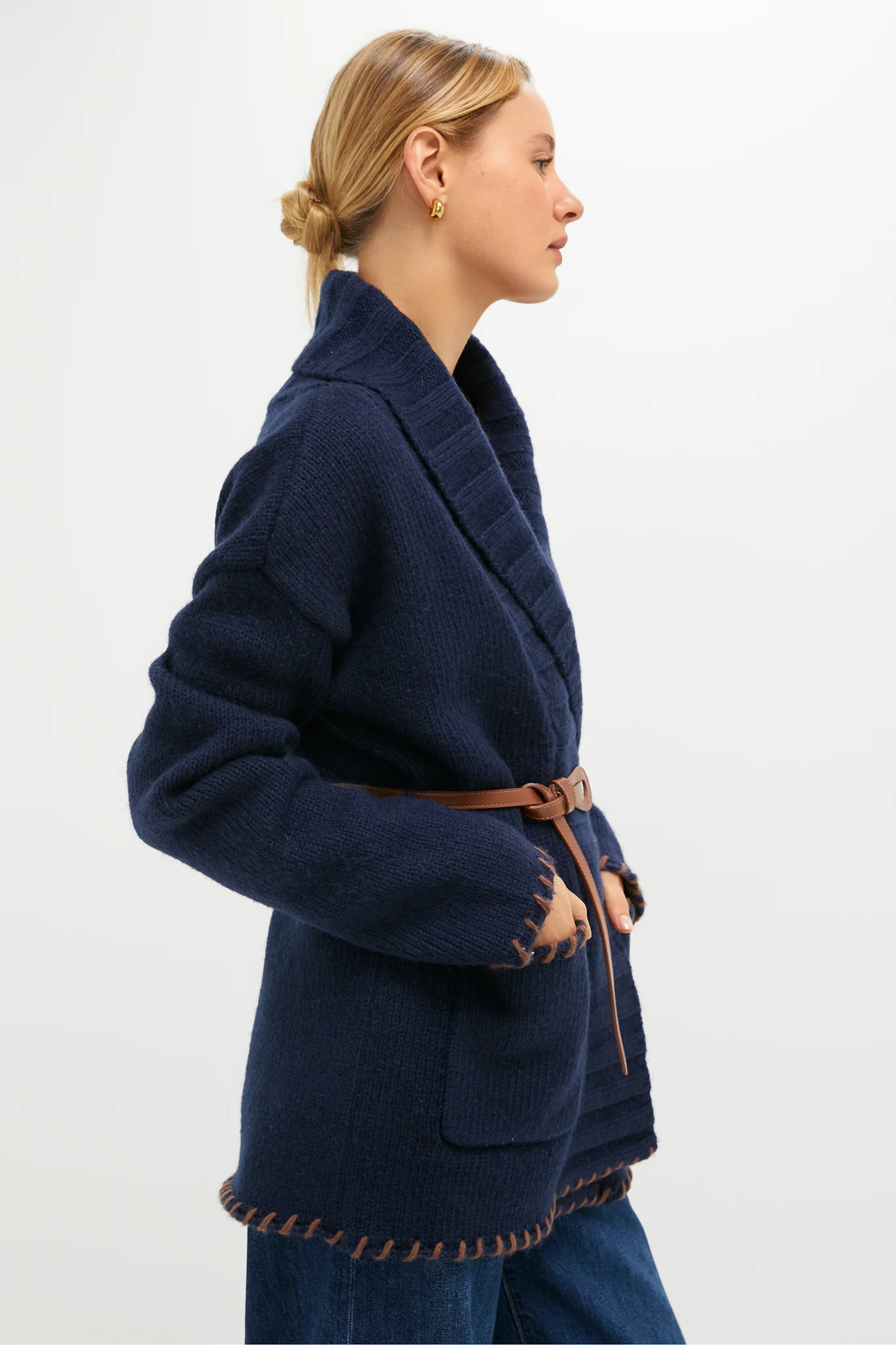 Navy and Brown Blanket Stitch Harrow Cardigan - Image 3