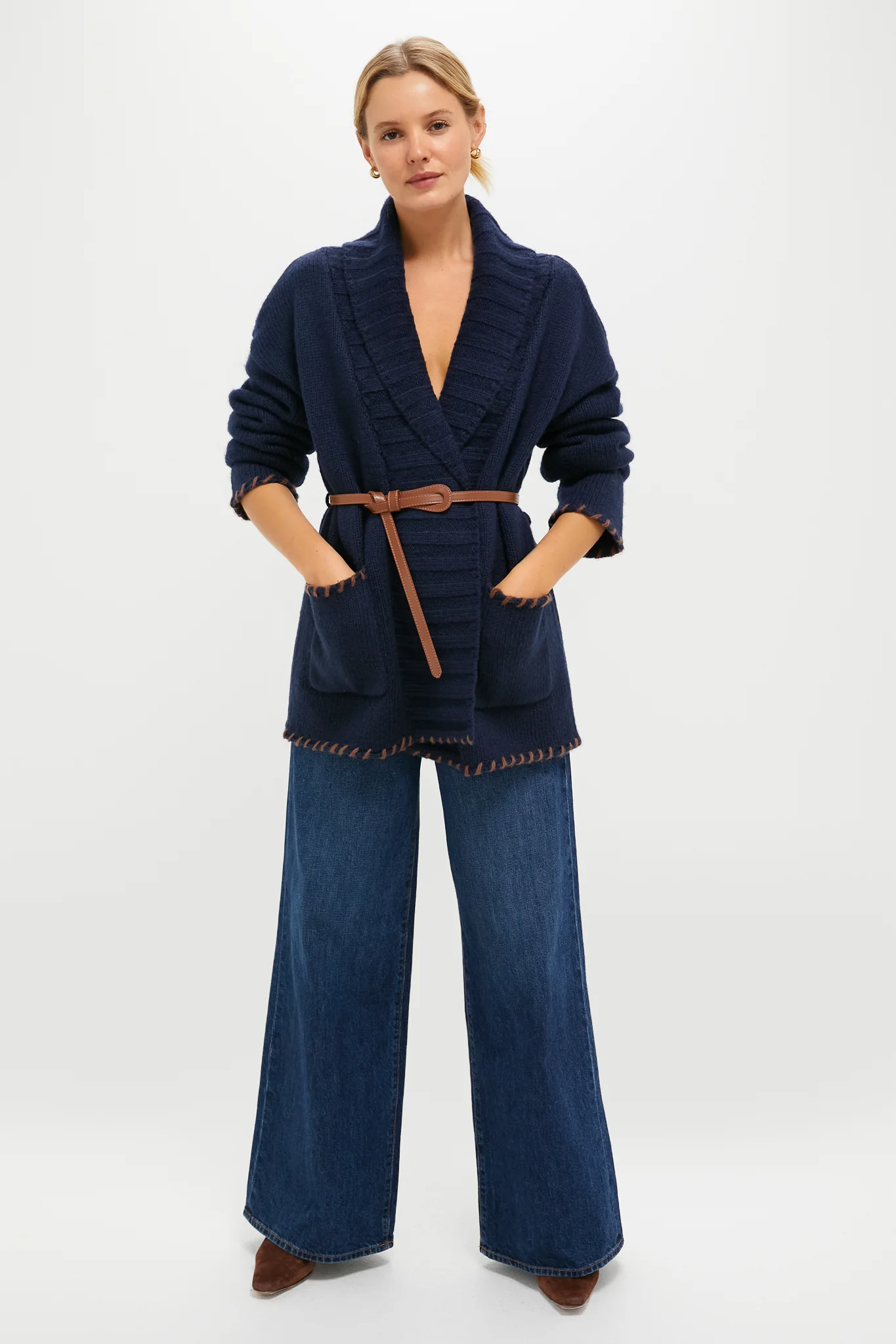 Navy and Brown Blanket Stitch Harrow Cardigan - Image 4
