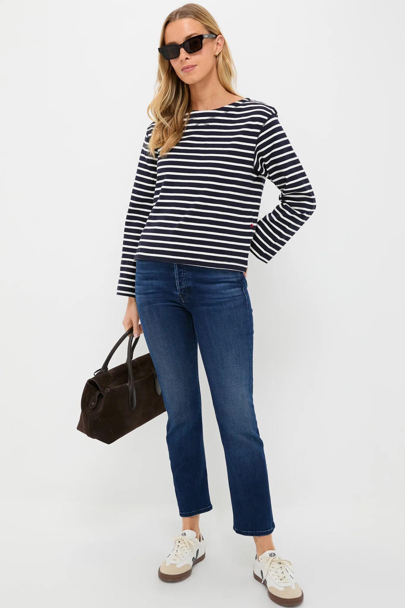 Navy and White Boat Neck Long Sleeve Shirt - Image 2