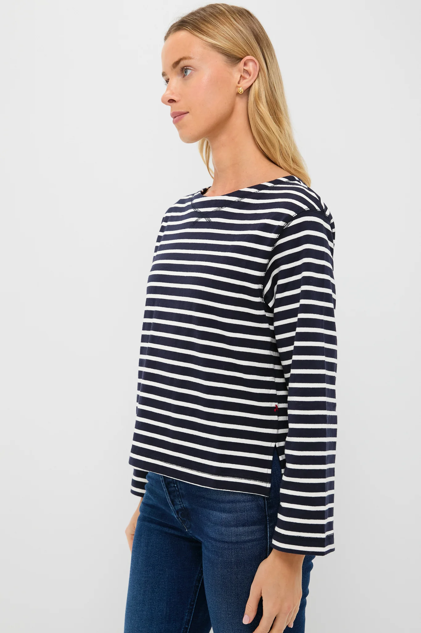 Navy and White Boat Neck Long Sleeve Shirt - Image 3