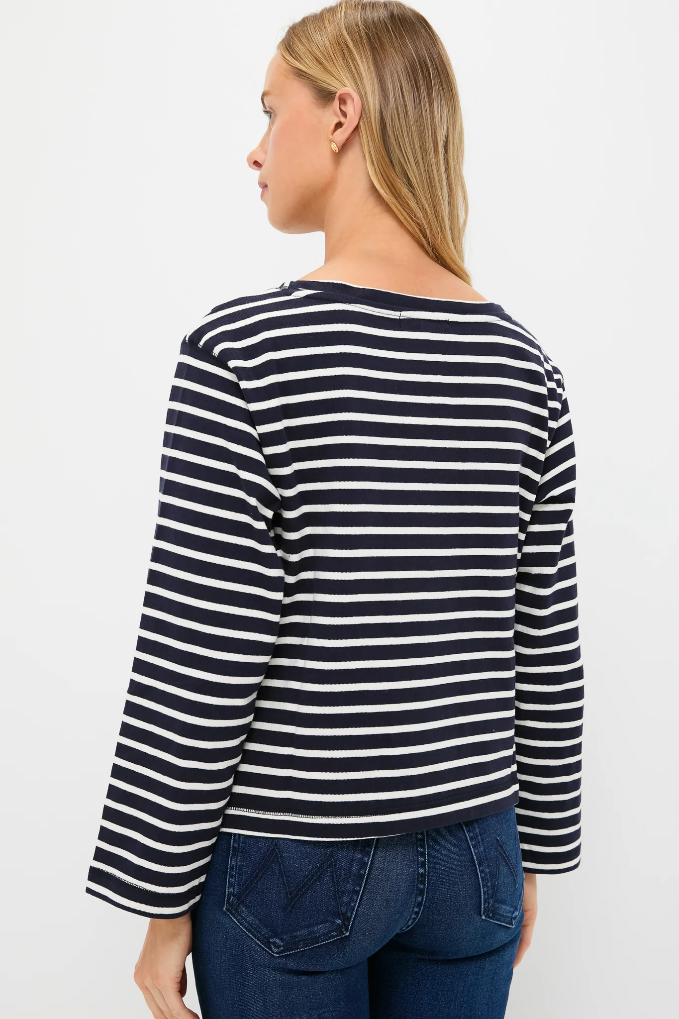 Navy and White Boat Neck Long Sleeve Shirt - Image 4