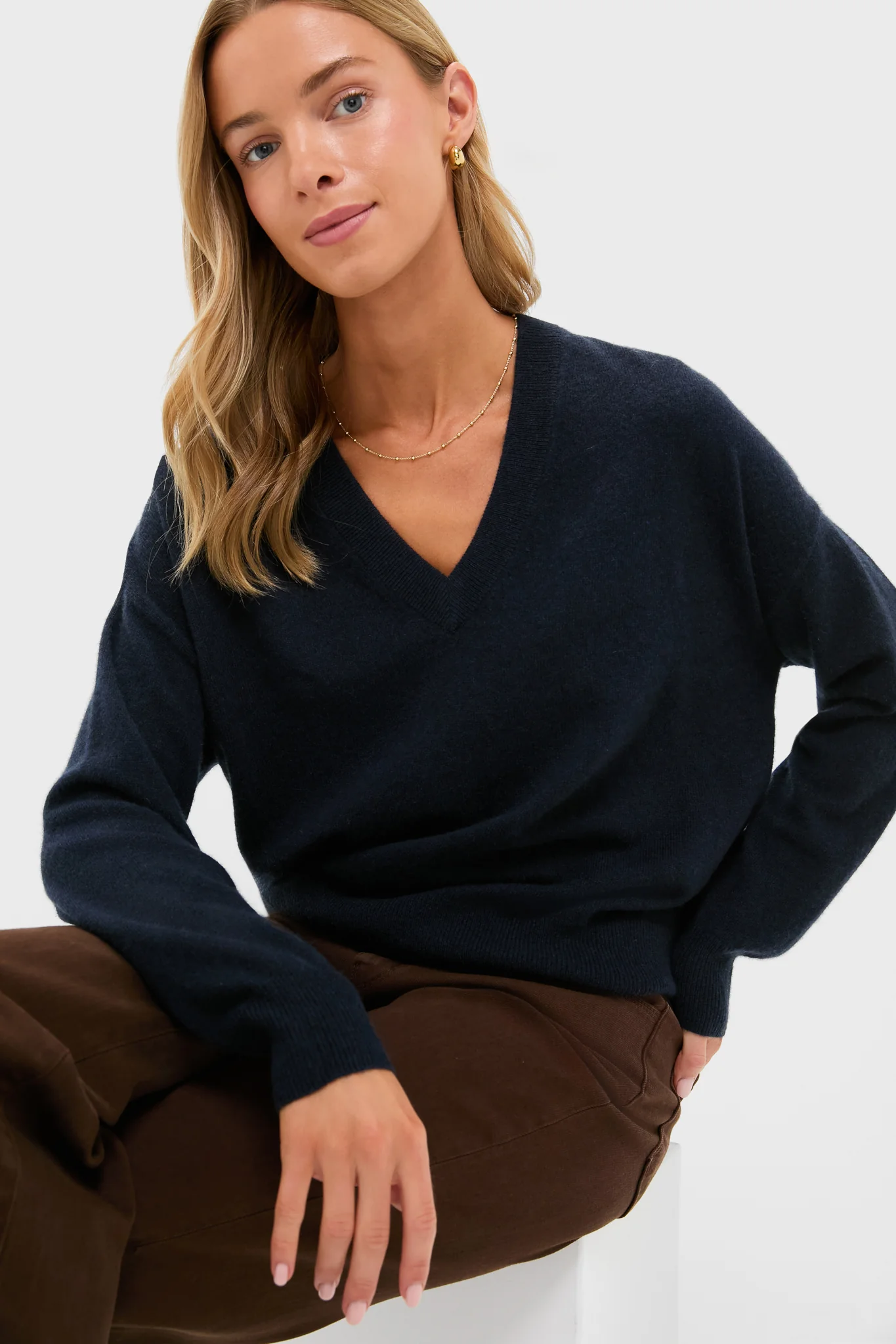 Navy Cashmere Emma V-Neck Boyfriend Sweater - Image 5