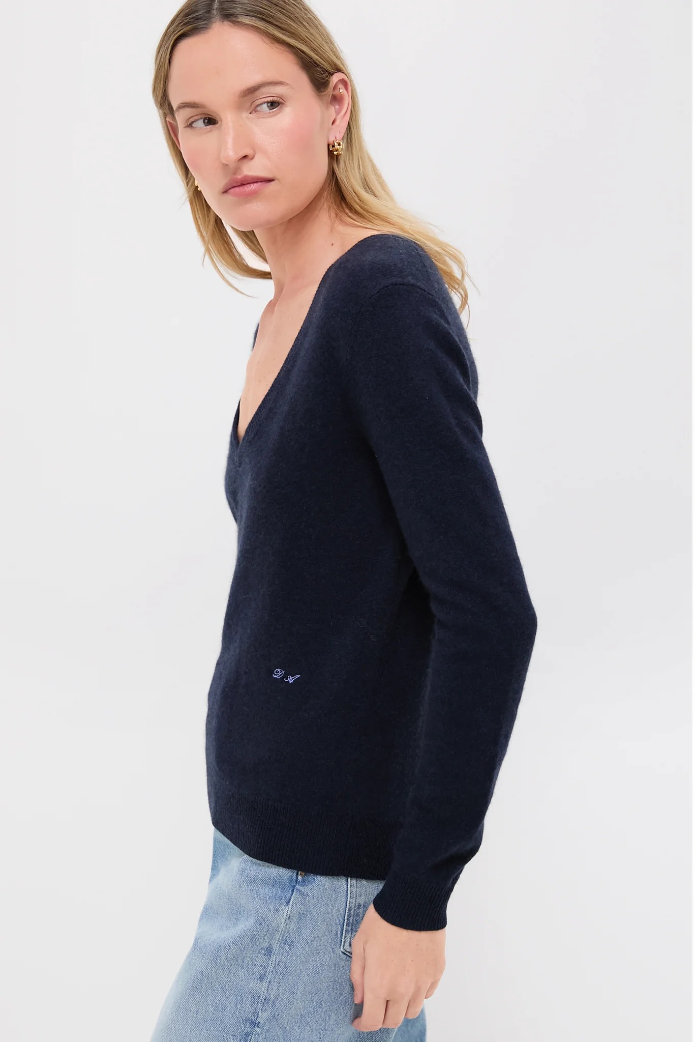Navy Cashmere V-Neck Sweater - Image 4