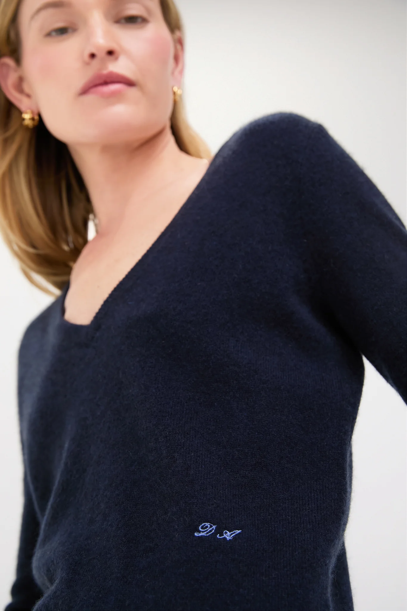 Navy Cashmere V-Neck Sweater - Image 6