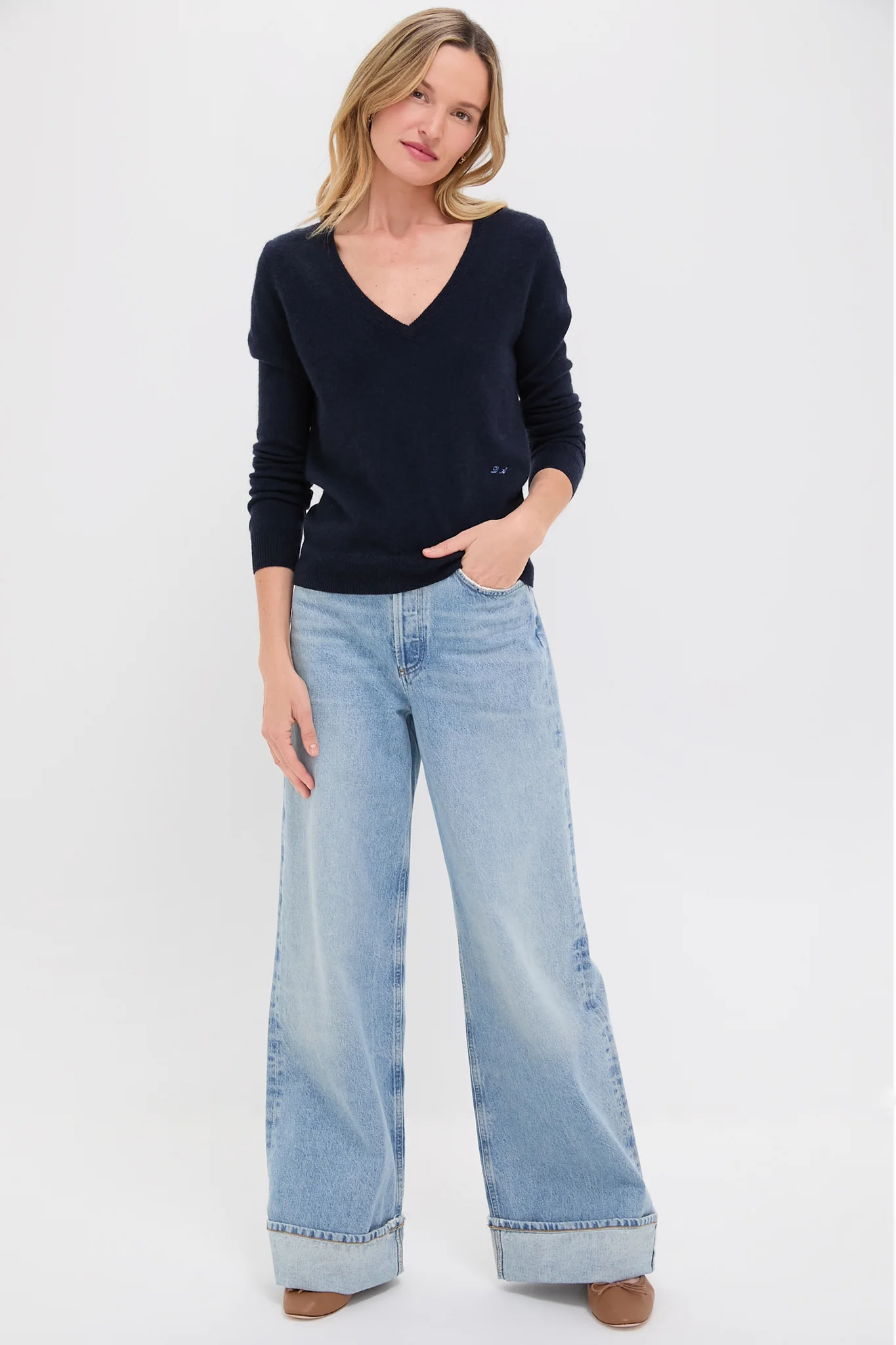 Navy Cashmere V-Neck Sweater - Image 7
