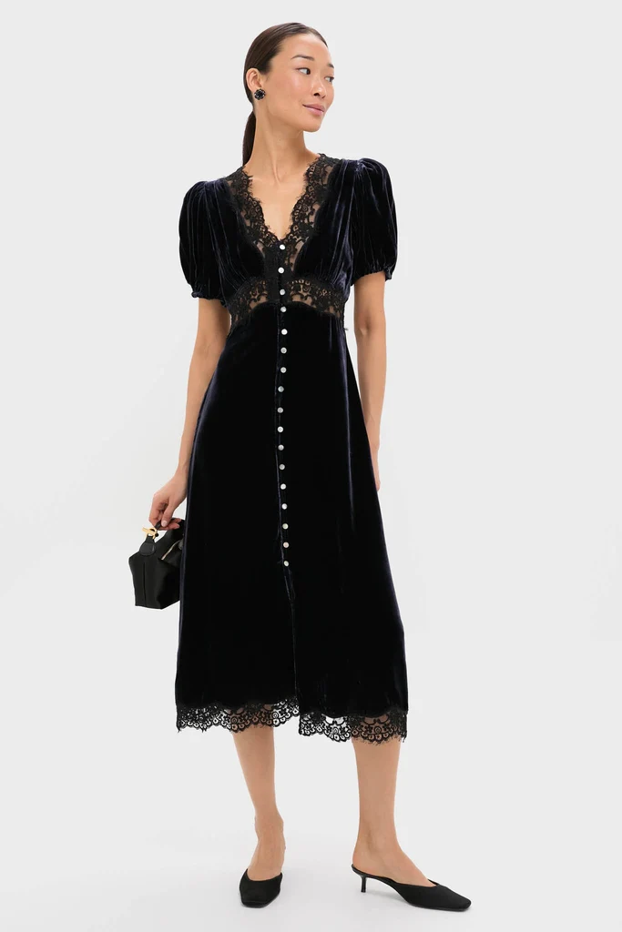 Navy Clarice Velvet Puff Sleeve Midi Dress - Image 2