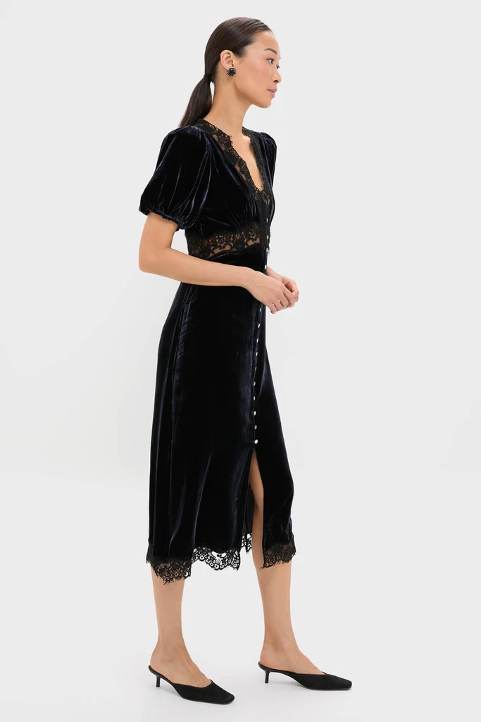 Navy Clarice Velvet Puff Sleeve Midi Dress - Image 3