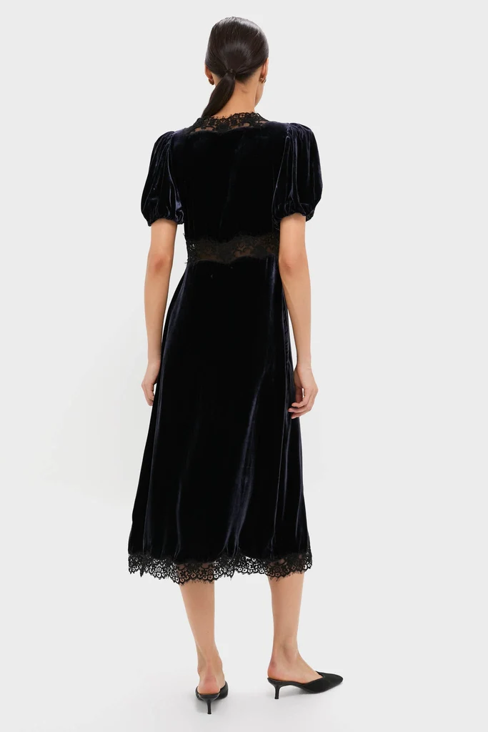 Navy Clarice Velvet Puff Sleeve Midi Dress - Image 4