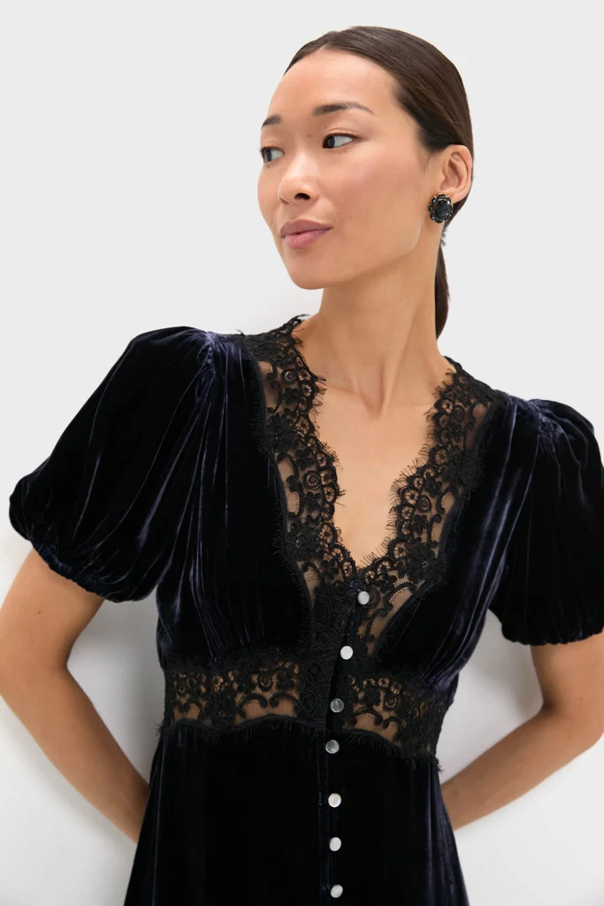 Navy Clarice Velvet Puff Sleeve Midi Dress - Image 5