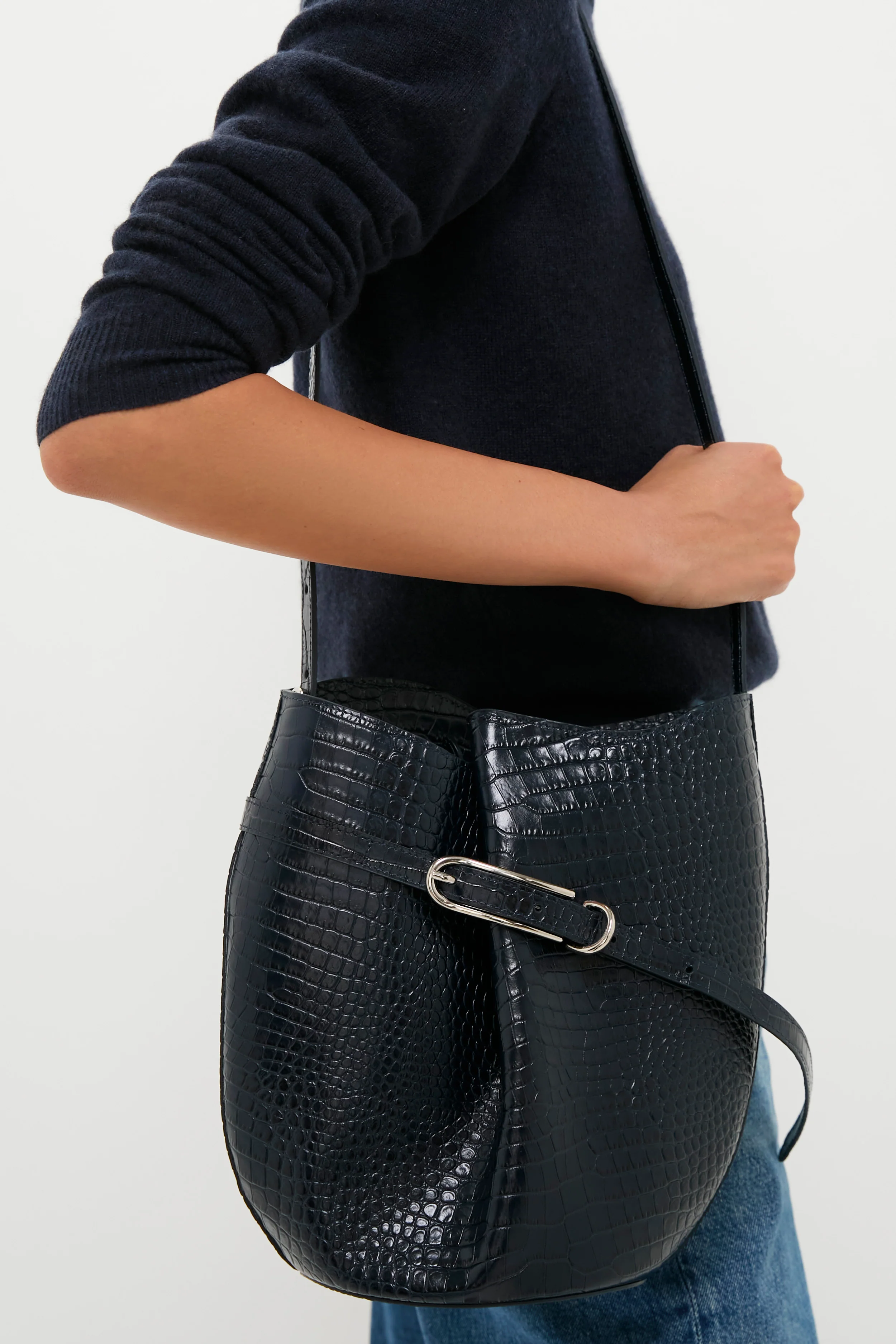 Navy Croc Embossed Belted Bucket Bag - Image 2