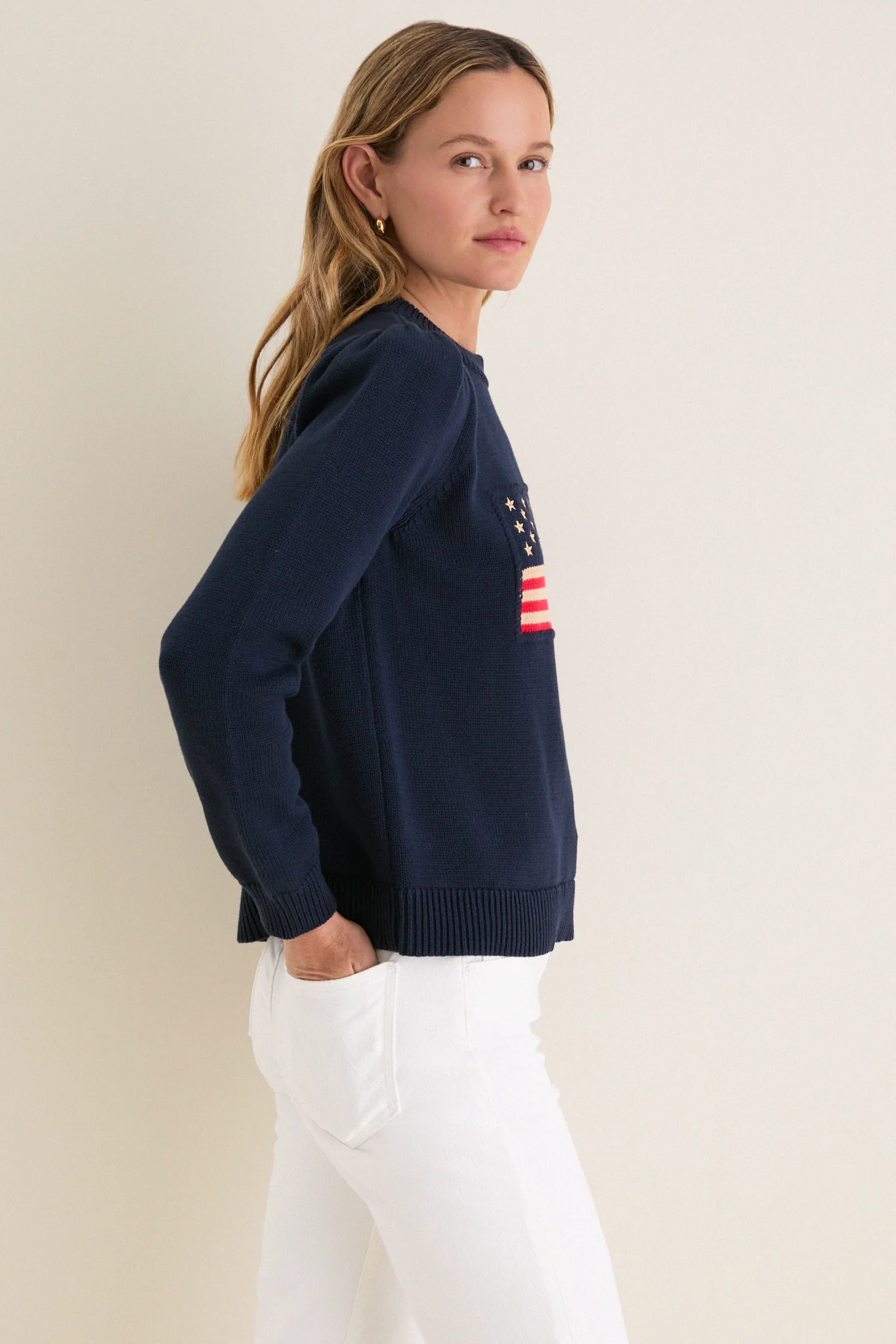 Navy Cropped Cotton Puff Sleeve Americana - Image 3