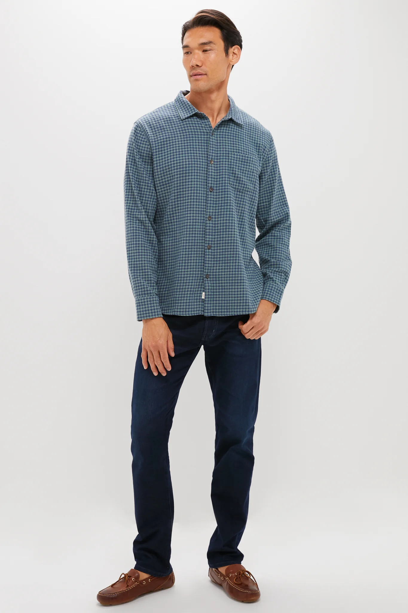 Navy Green Gingham Stretch Selvage Shirt - Image 2