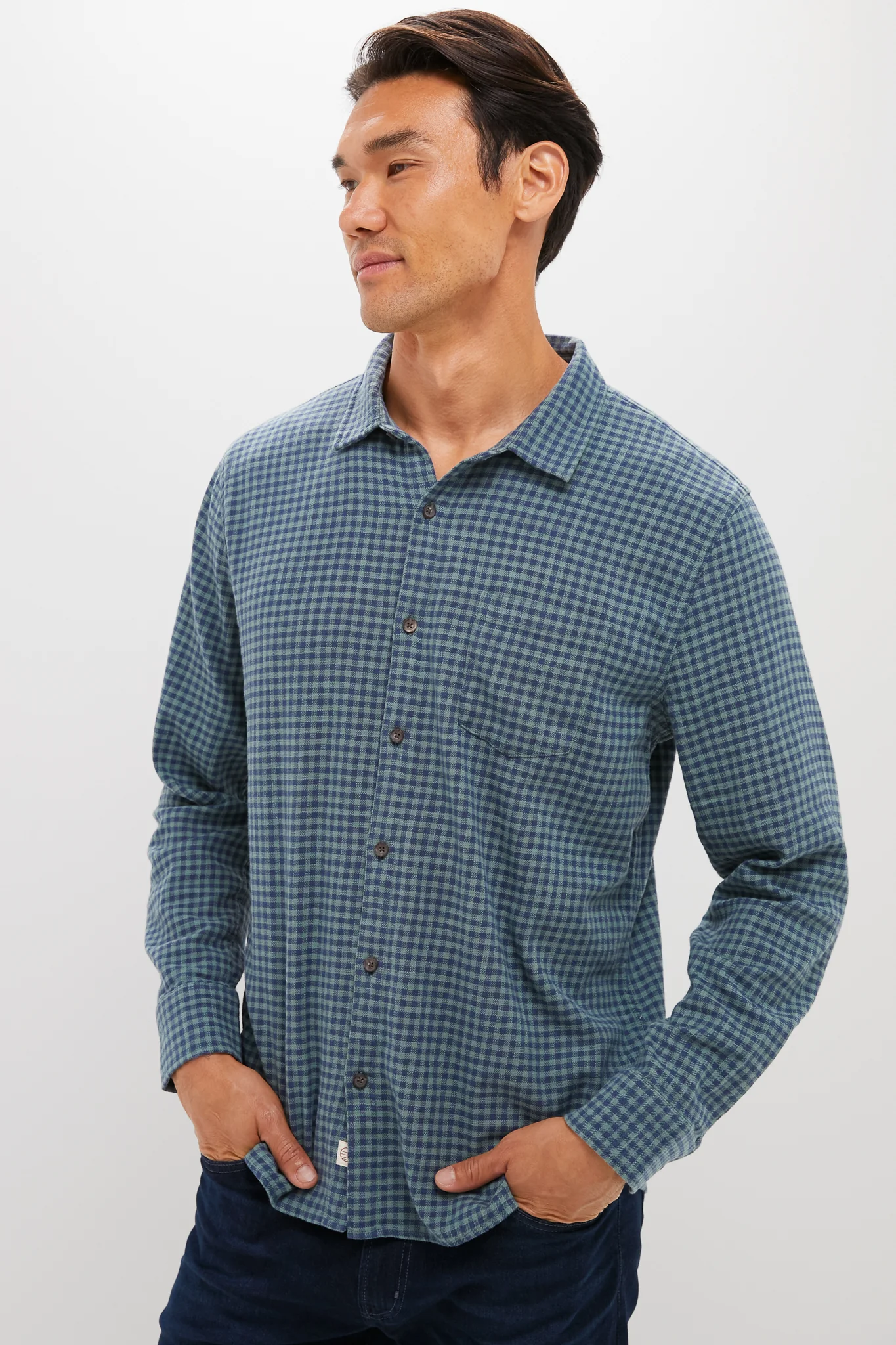 Navy Green Gingham Stretch Selvage Shirt - Image 3