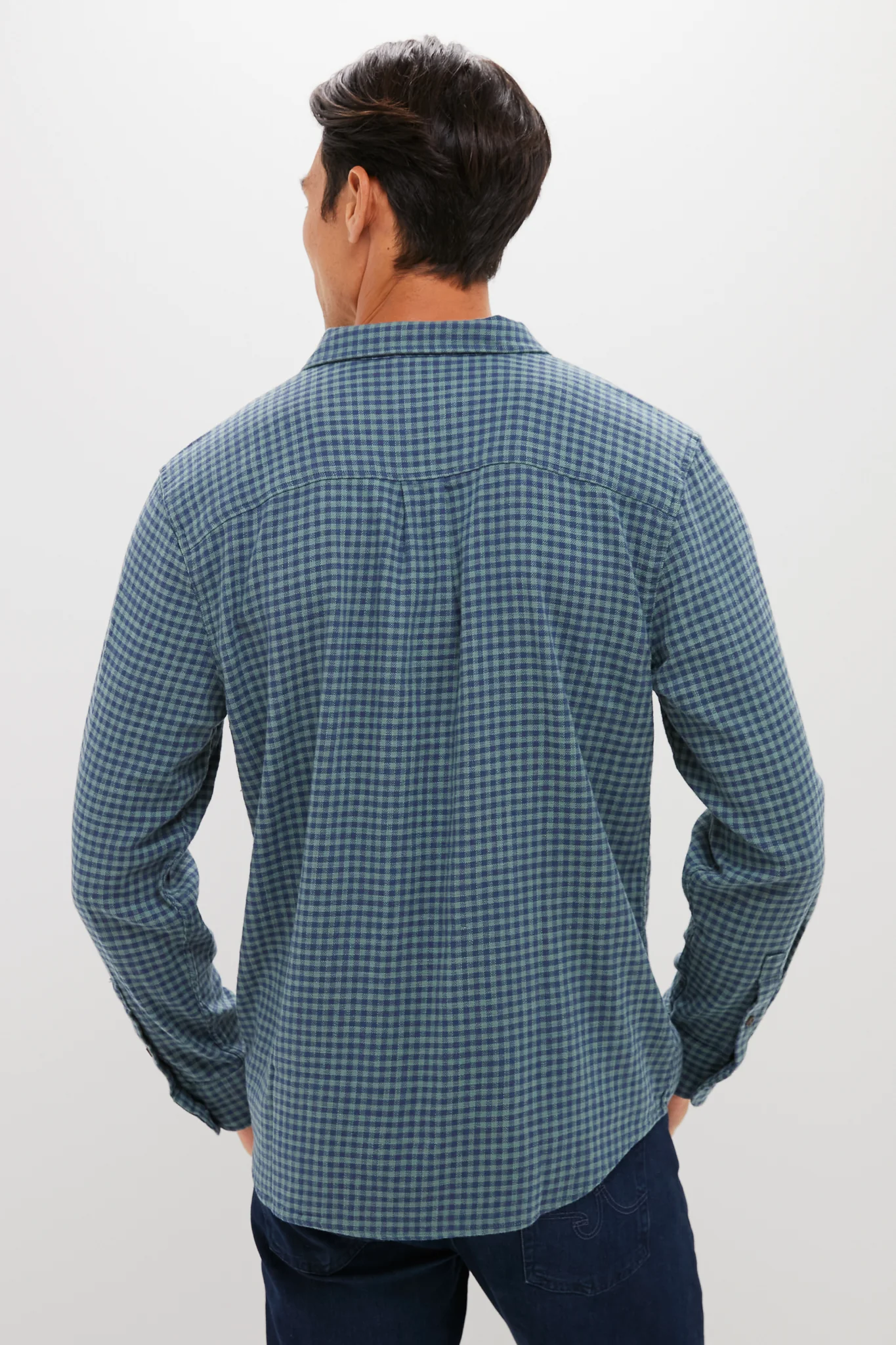 Navy Green Gingham Stretch Selvage Shirt - Image 4