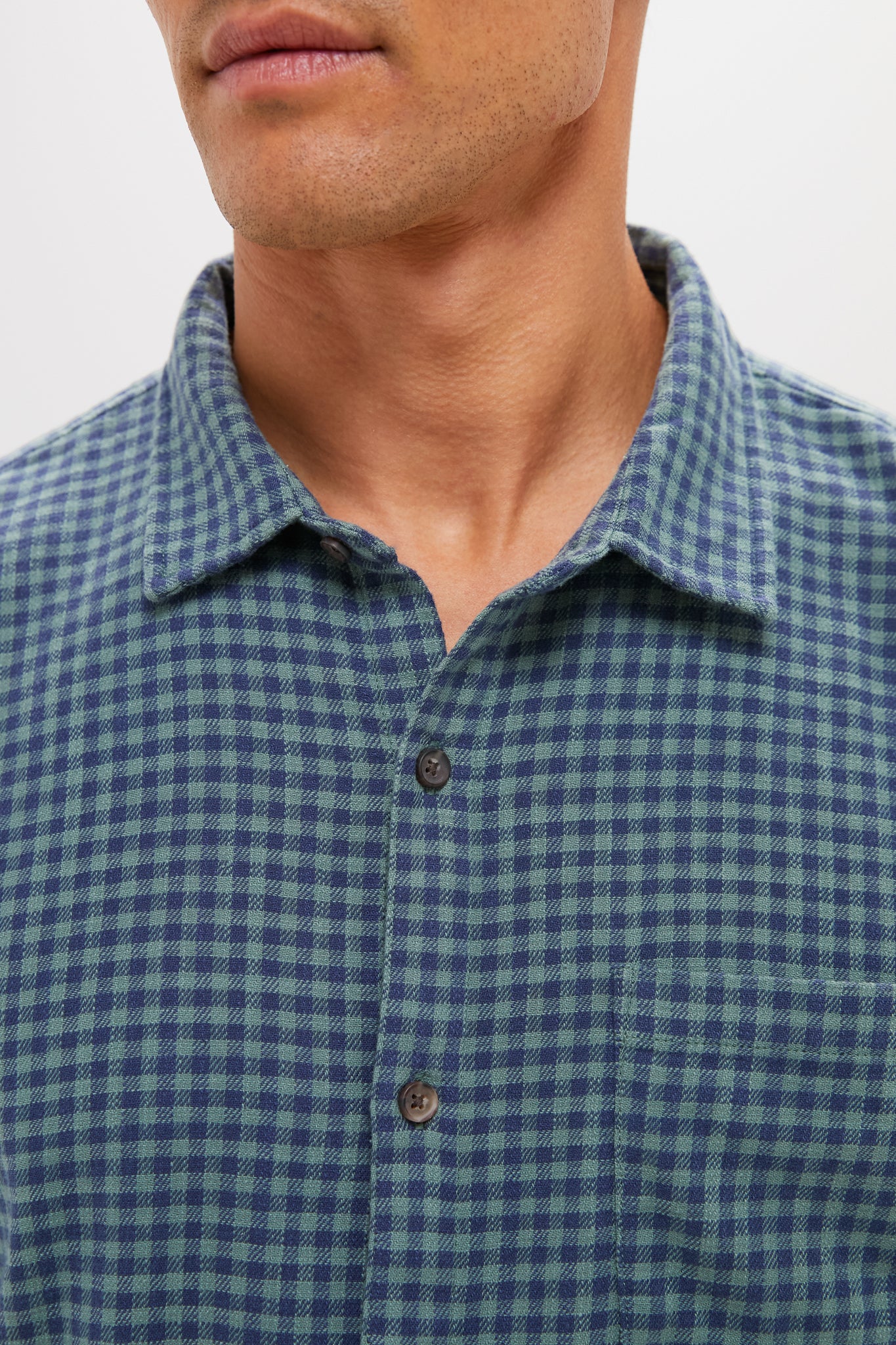 Navy Green Gingham Stretch Selvage Shirt - Image 5