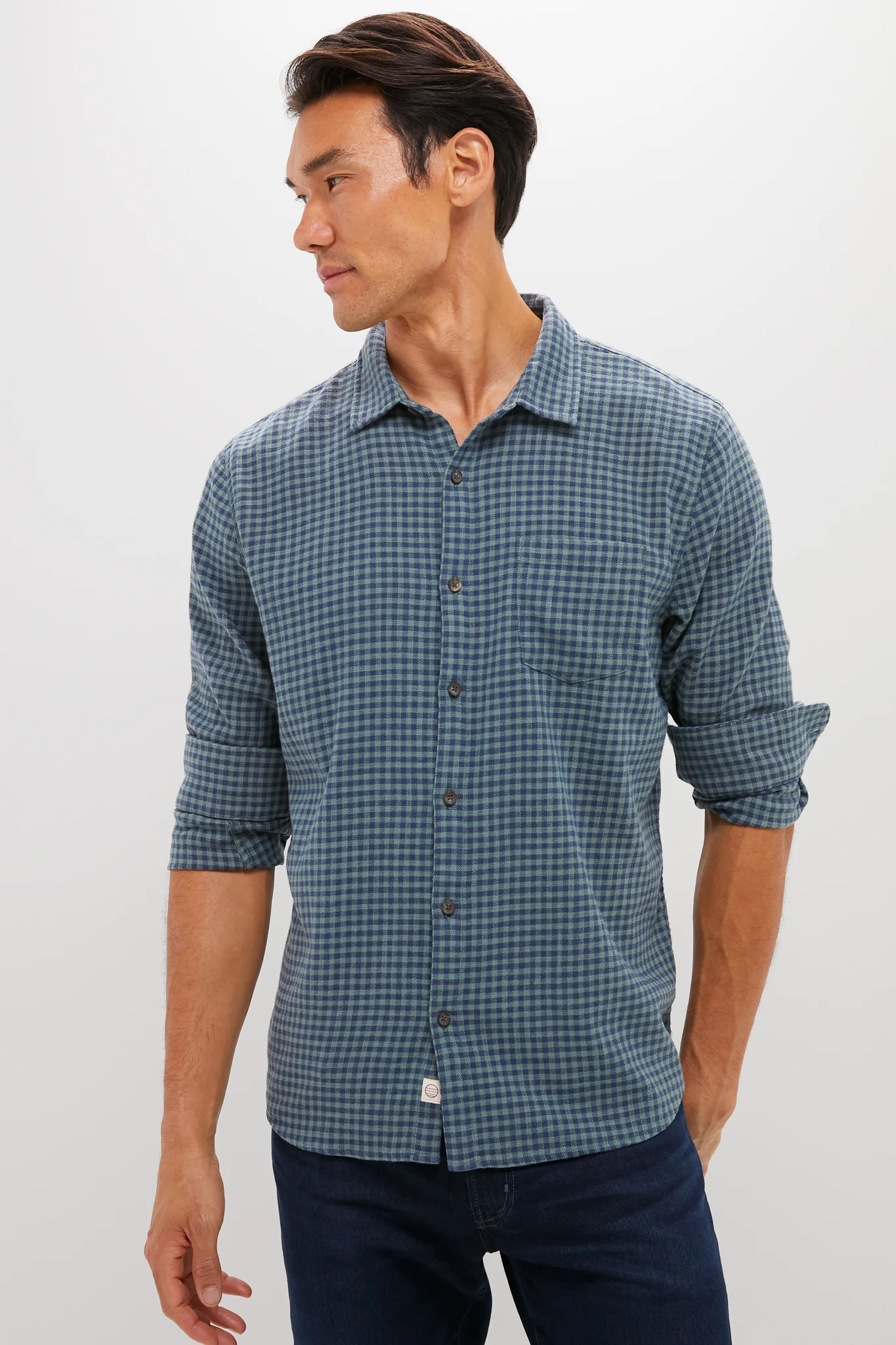 Navy Green Gingham Stretch Selvage Shirt - Image 6