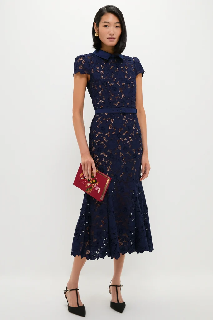 Navy Guipure Lace Midi Dress - Image 2