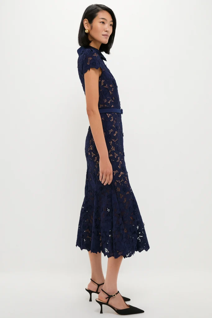 Navy Guipure Lace Midi Dress - Image 3