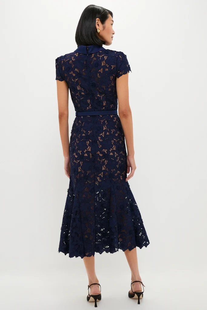 Navy Guipure Lace Midi Dress - Image 4