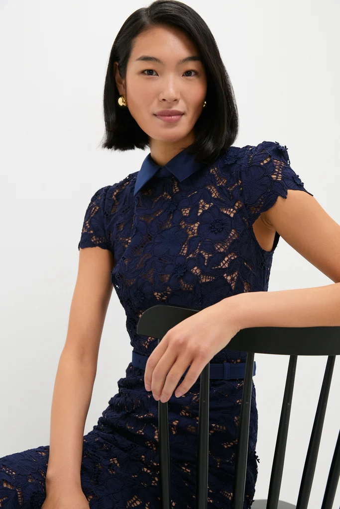 Navy Guipure Lace Midi Dress - Image 6