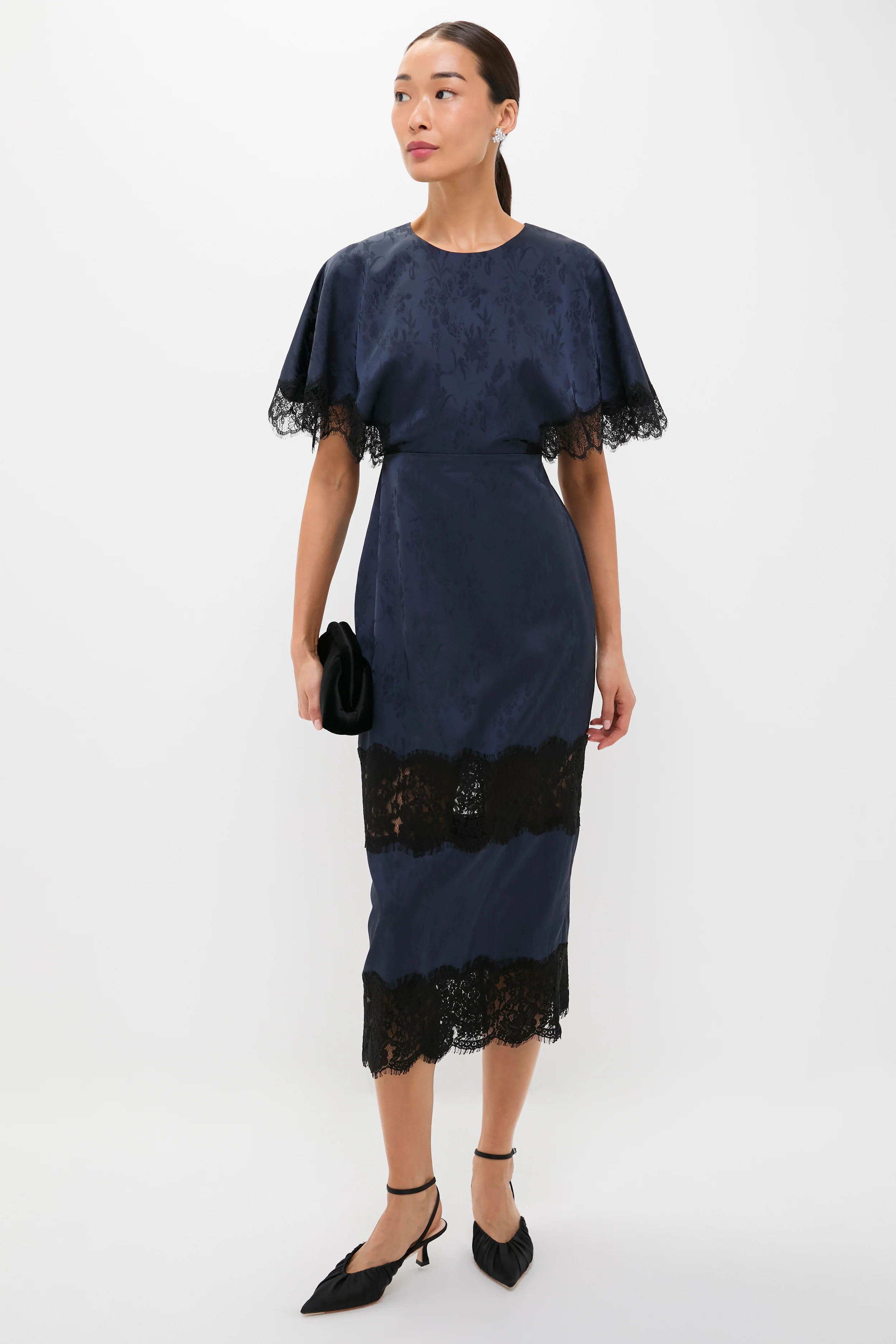 Navy Jacquard and Black Lace Cape Leah Dress - Image 2