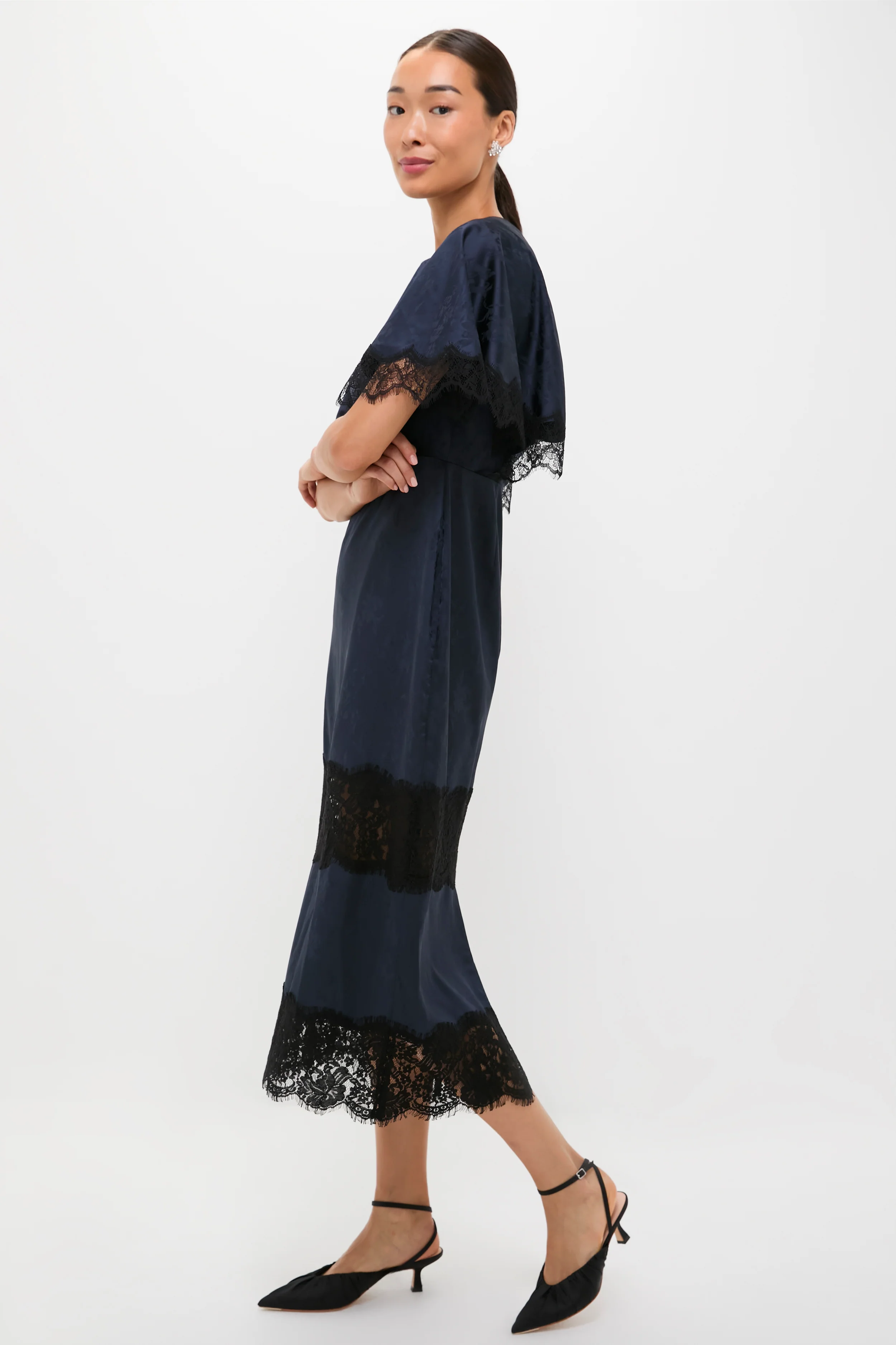 Navy Jacquard and Black Lace Cape Leah Dress - Image 3