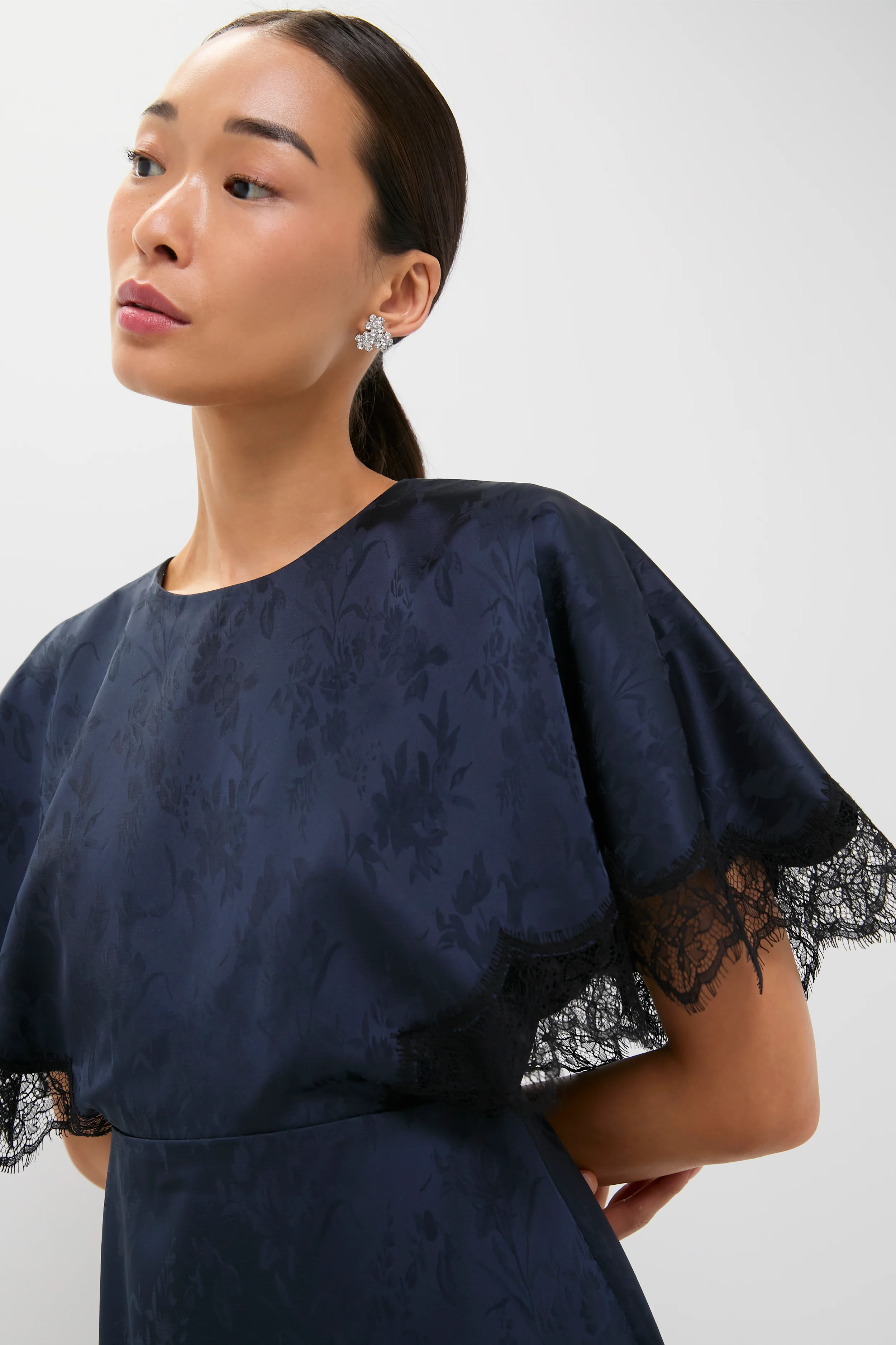 Navy Jacquard and Black Lace Cape Leah Dress - Image 4