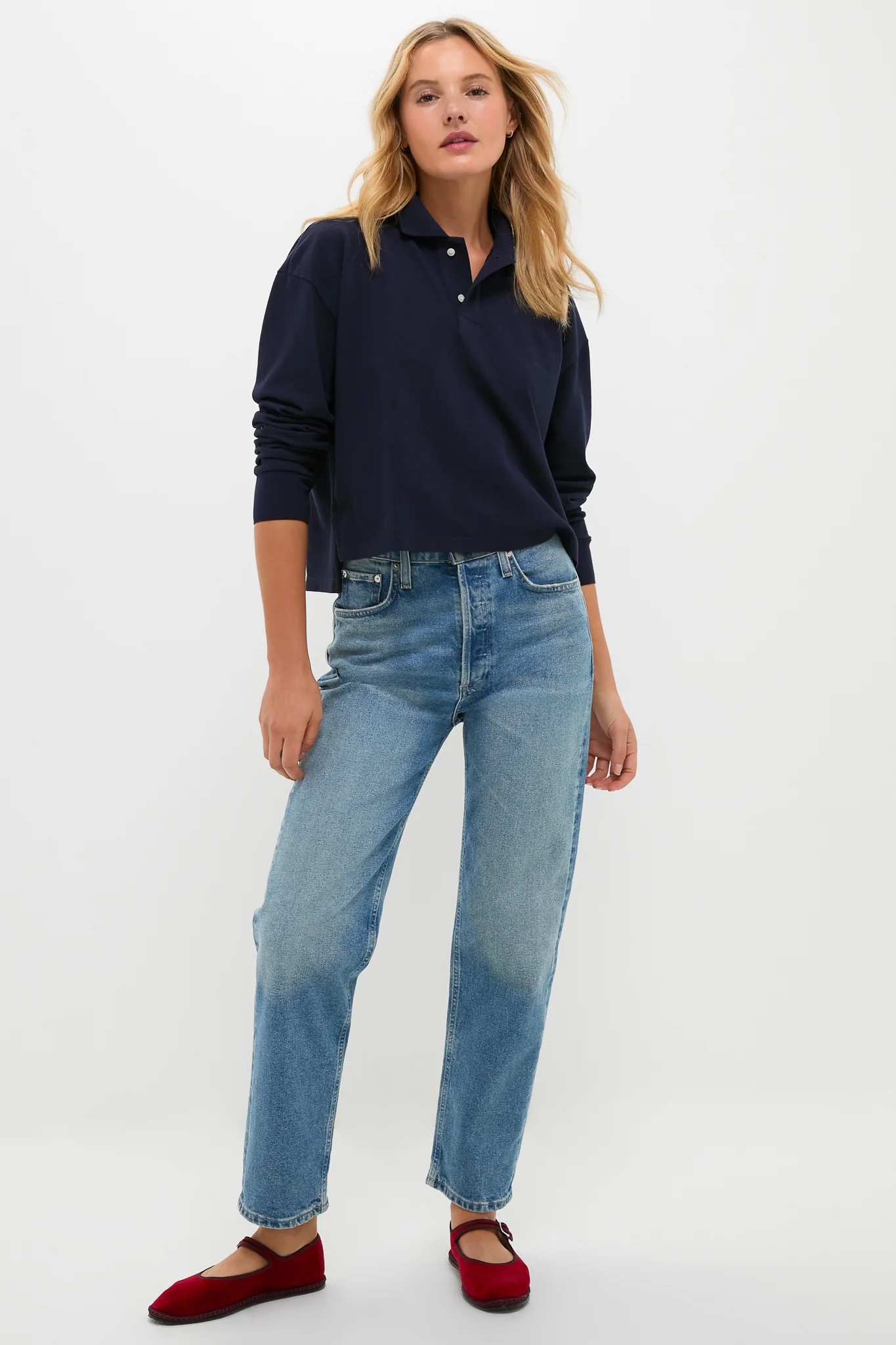 Navy Long Sleeve Pique Holmes Boyfriend Polo - Image 7