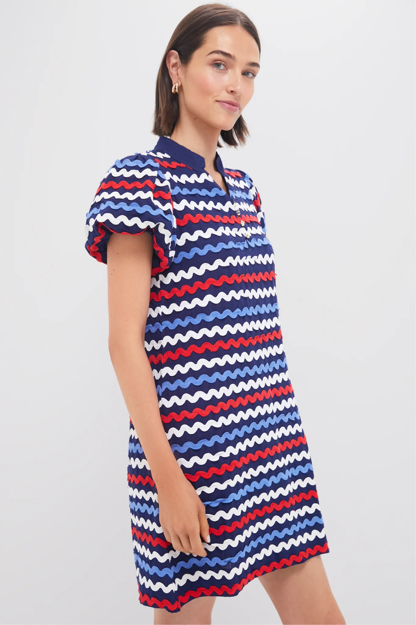 Navy Multi Ric-Rac Button Front Mini Dress - Image 3