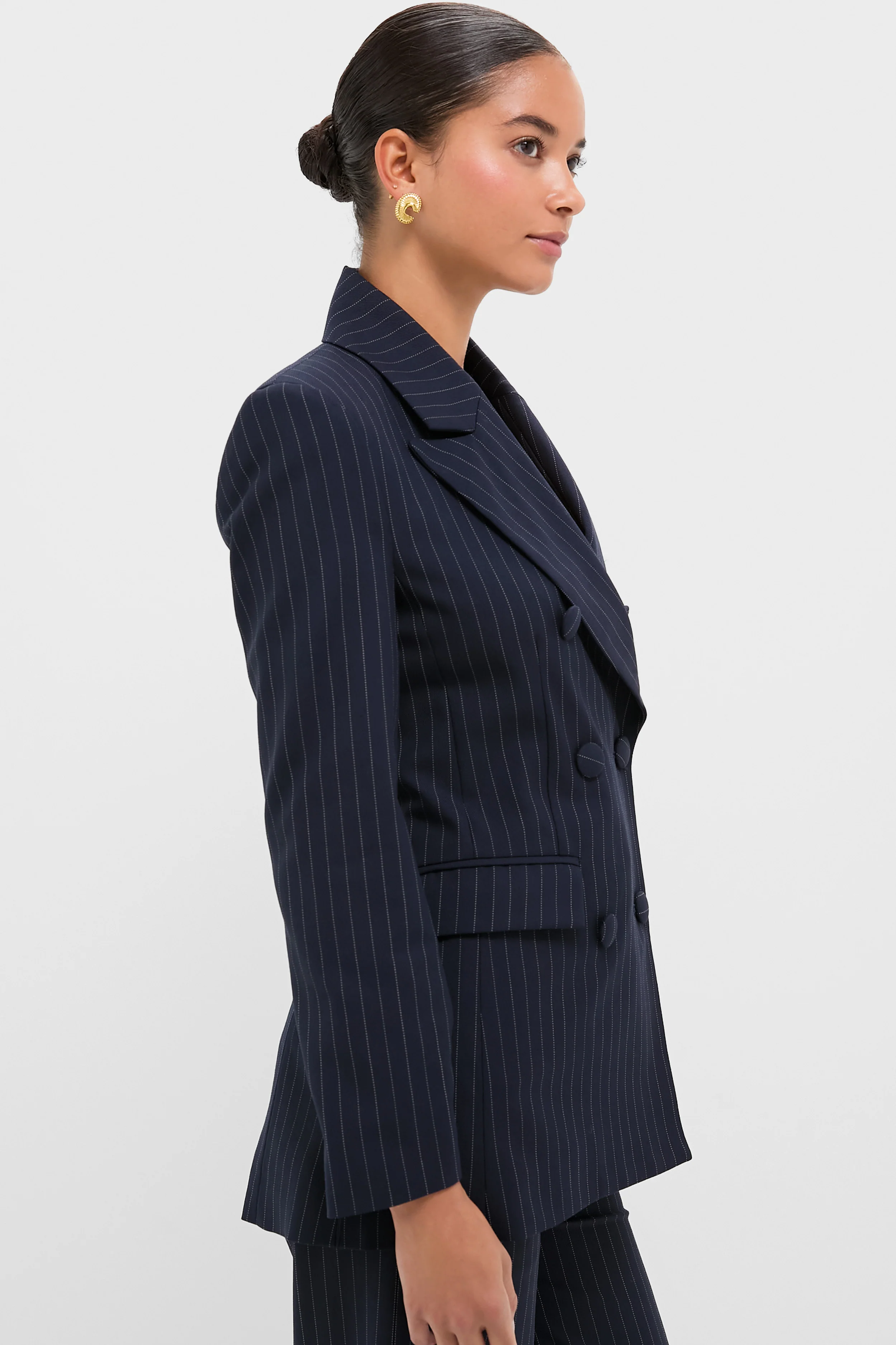 Navy Pinstripe Strong Shoulder Blazer - Image 3