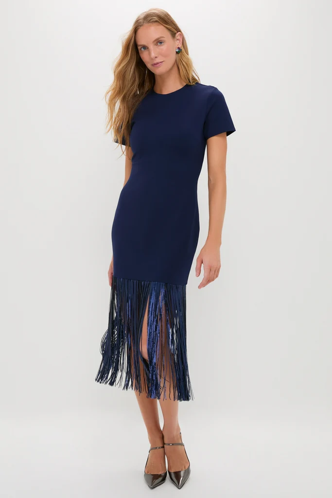 Navy Sequin Fringe Stevie Midi Dress - Image 6