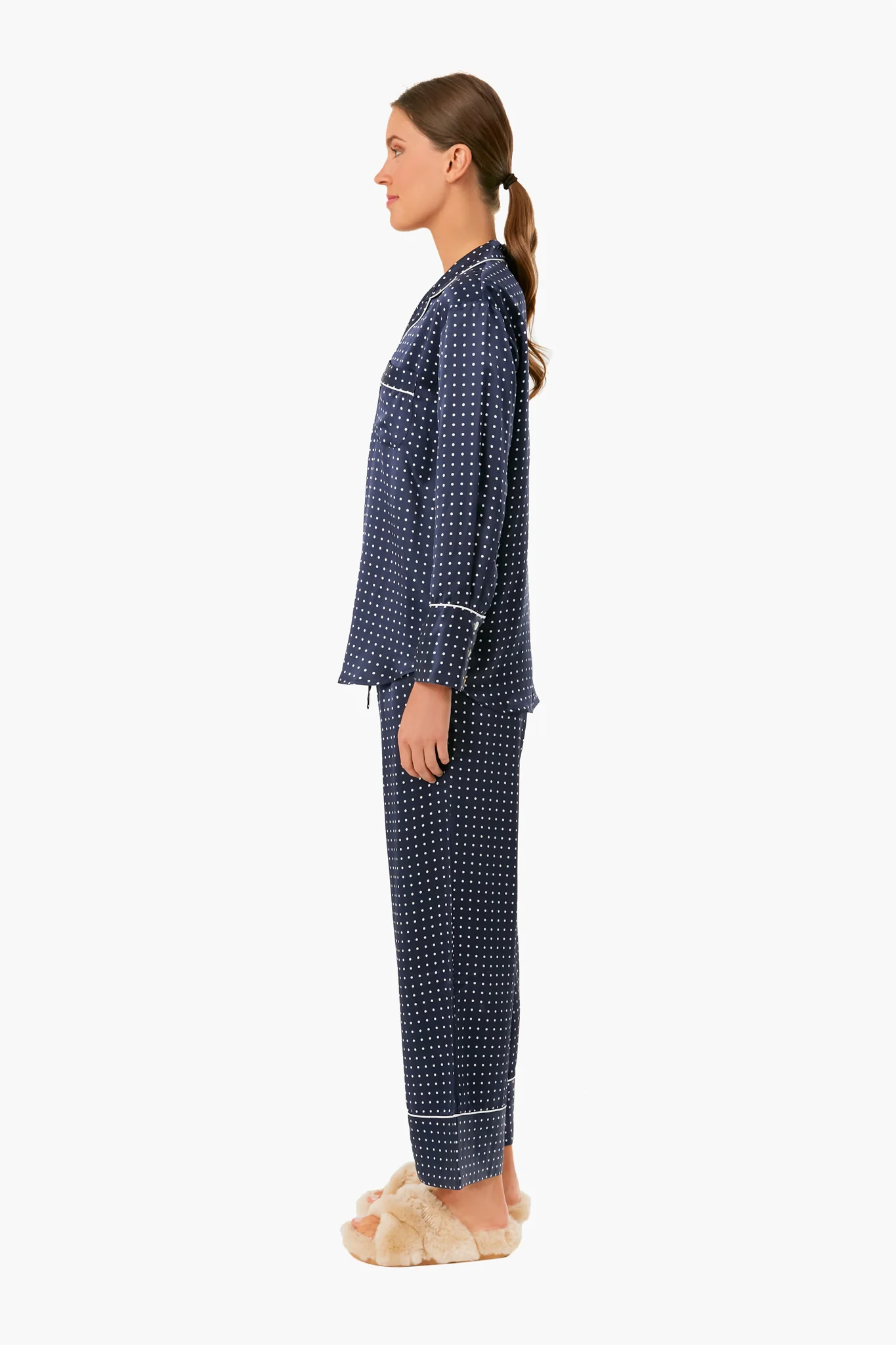 Navy Silk Polka Dot Classic Pajama Set - Image 3