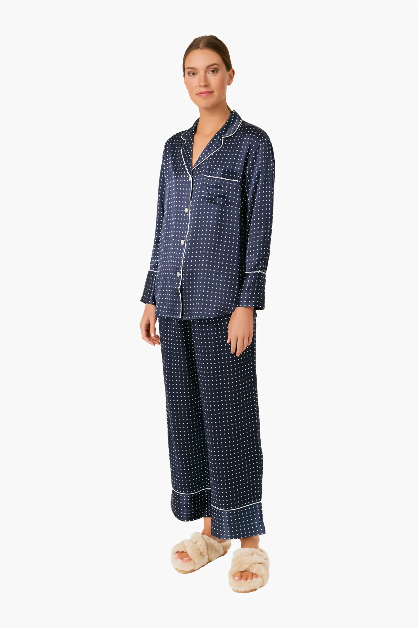 Navy Silk Polka Dot Classic Pajama Set - Image 6