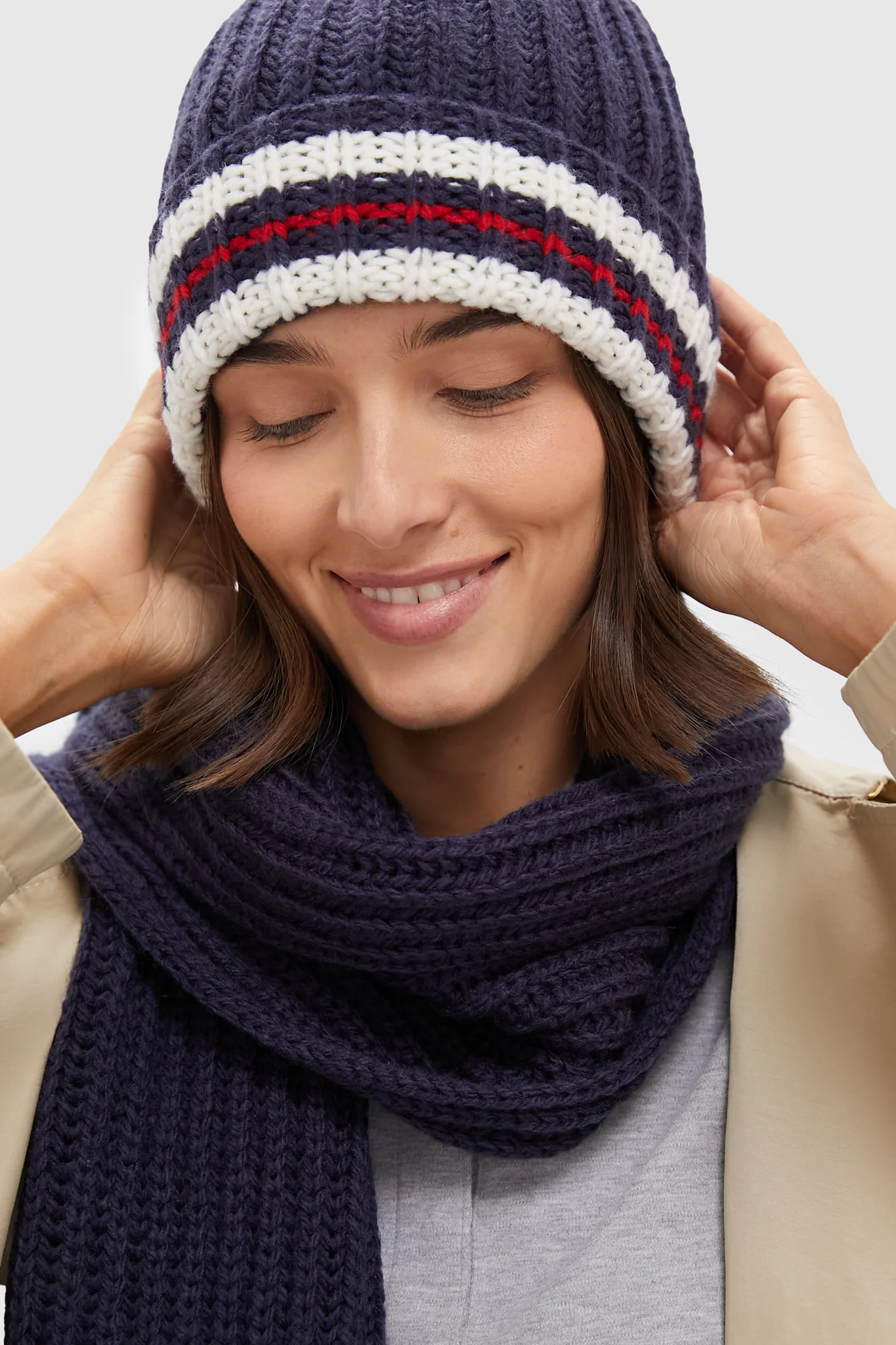 Navy Stripe Chunky Knit Hat and Scarf Set - Image 3