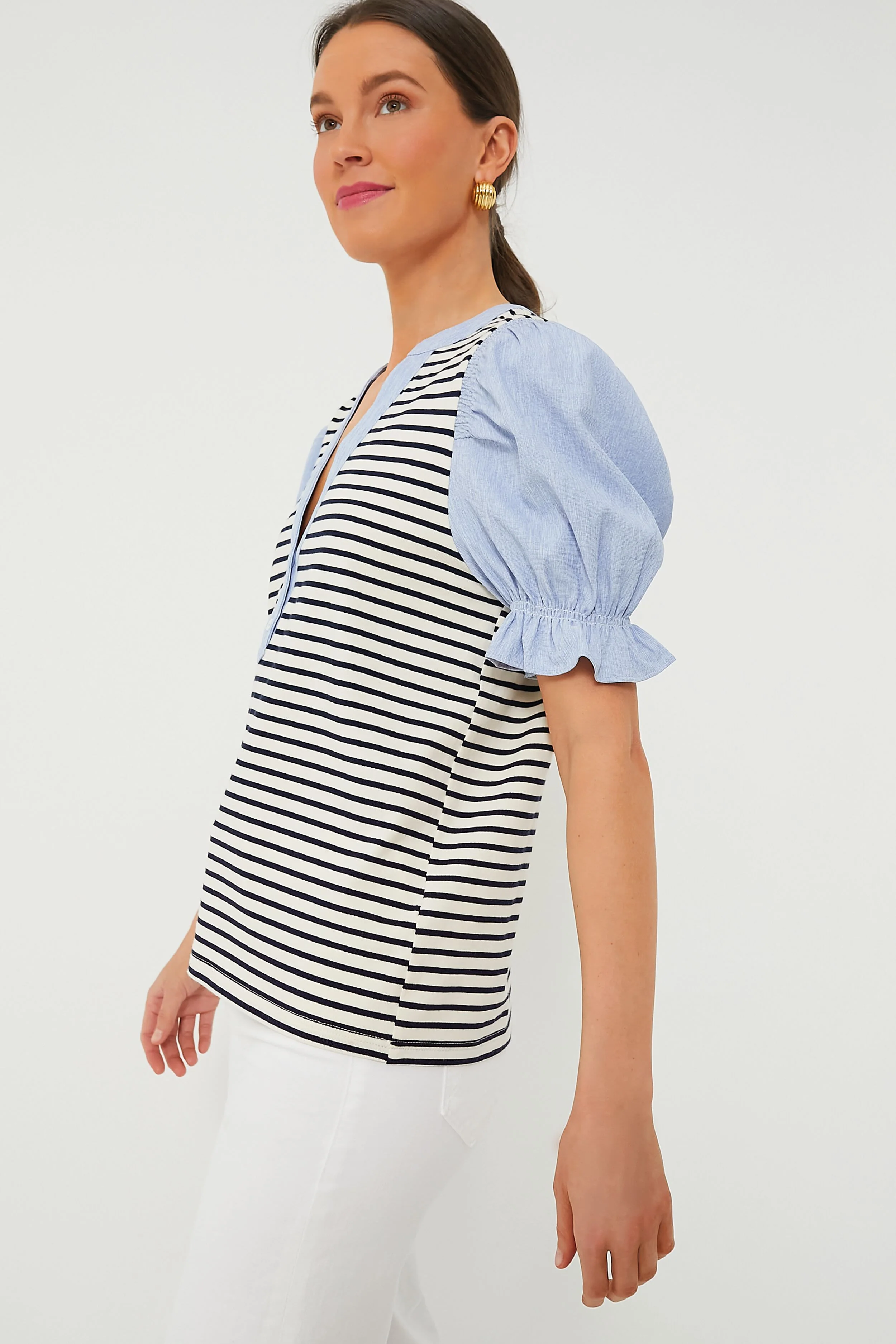 Navy Stripe Livia Puff Sleeve Top - Image 3
