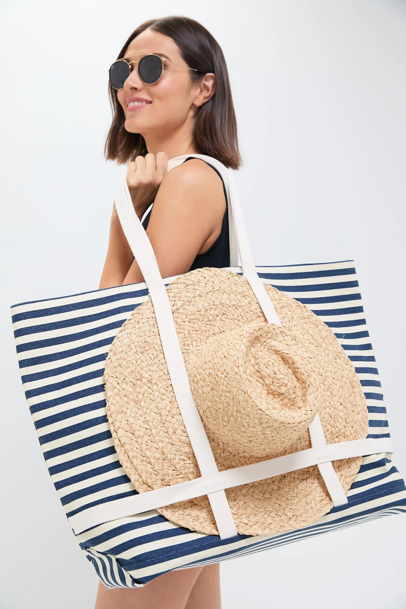 Navy Striped Sunhat Size Traveler Tote - Image 2