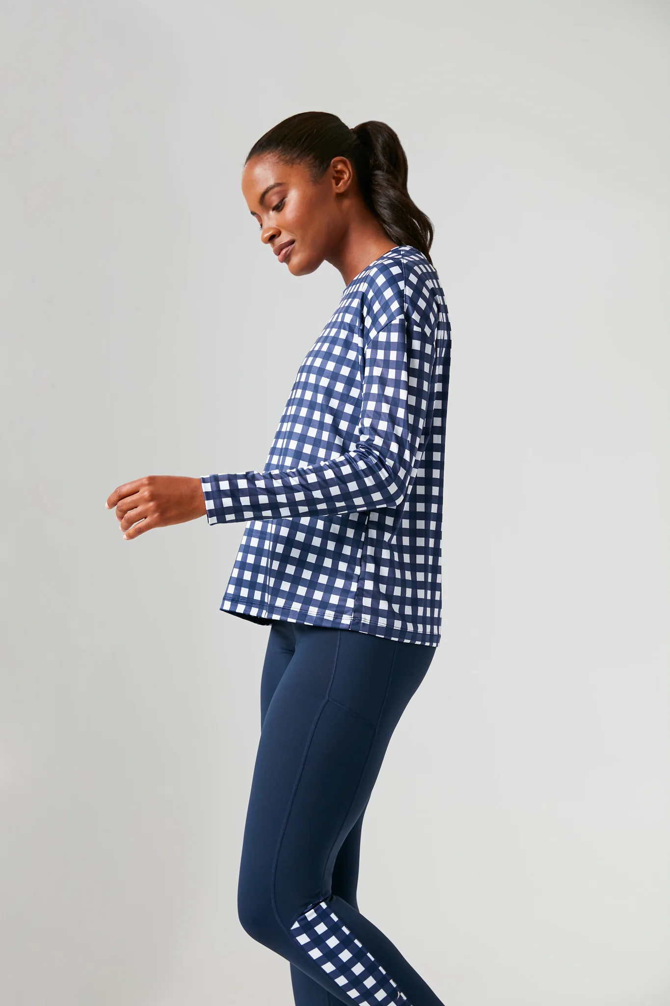 Navy Trellis Gingham Long Sleeve Ryan Boyfriend Tee - Image 5