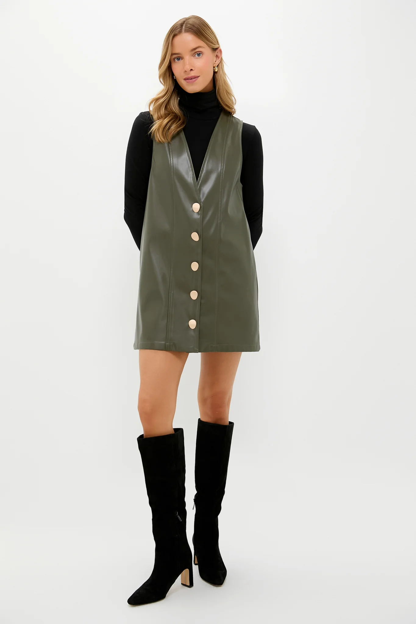 Olive Faux Leather Pinafore Dress - Image 6