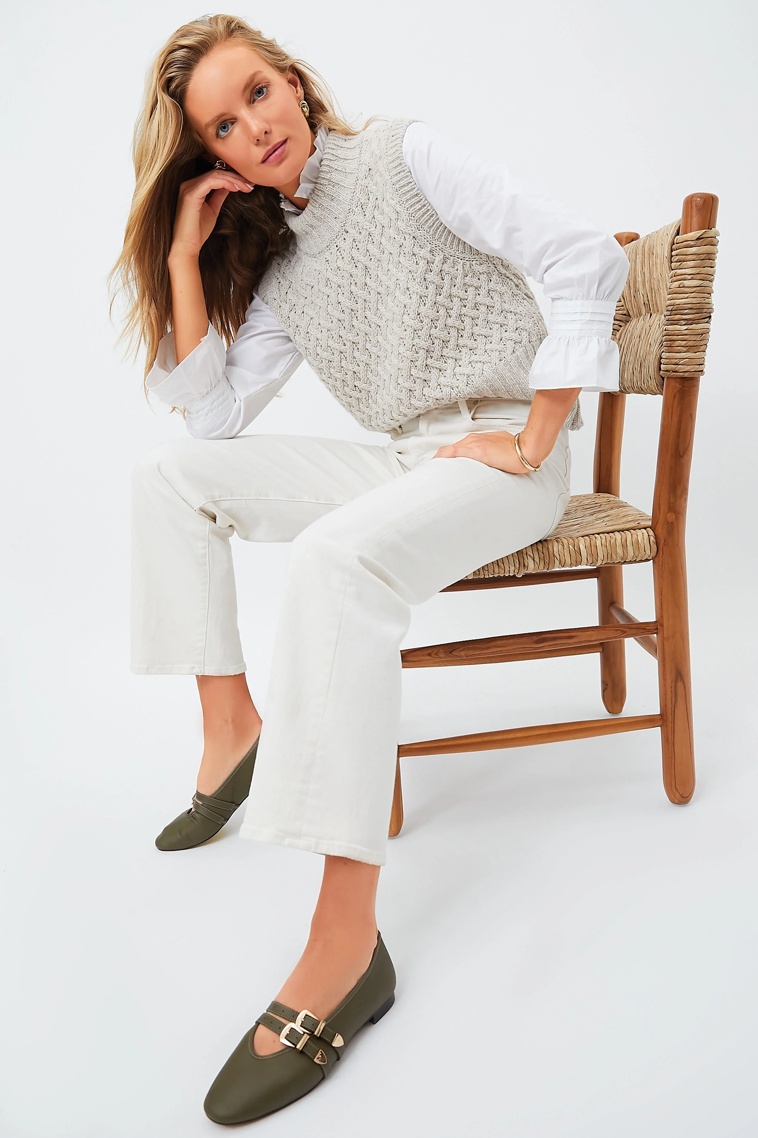 Olive Leather Buckle Nina Flats - Image 2