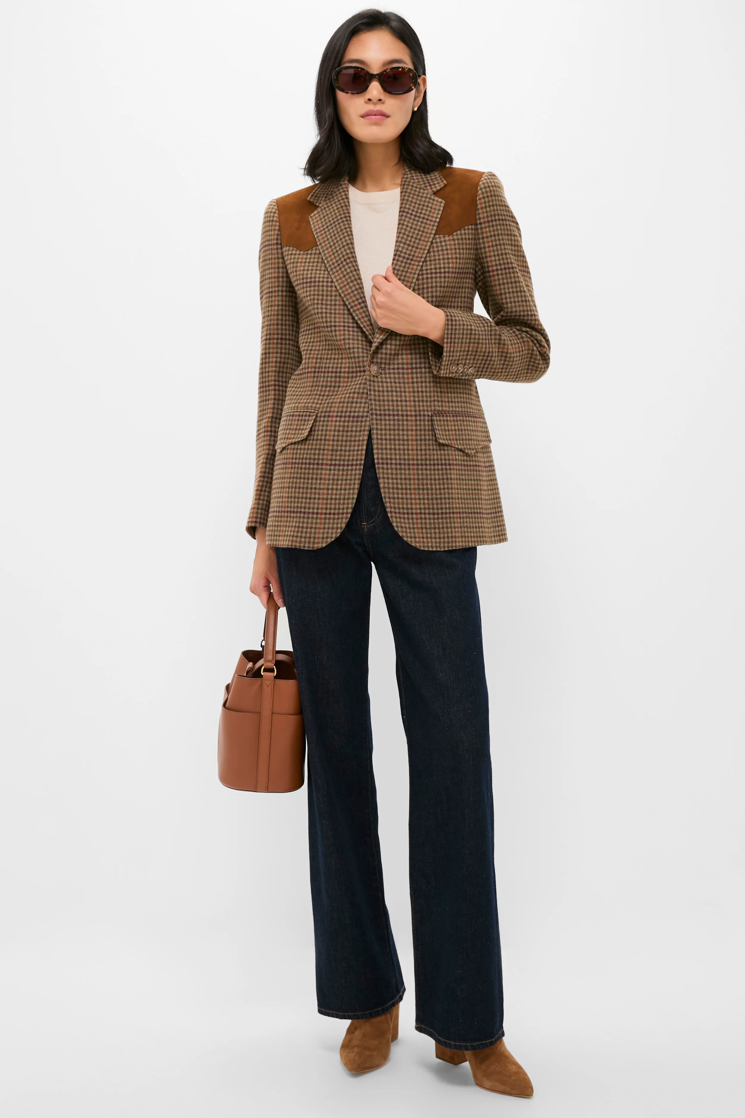Olive Multi Houndstooth Merino Wool Tweed Woven Blazer - Image 2