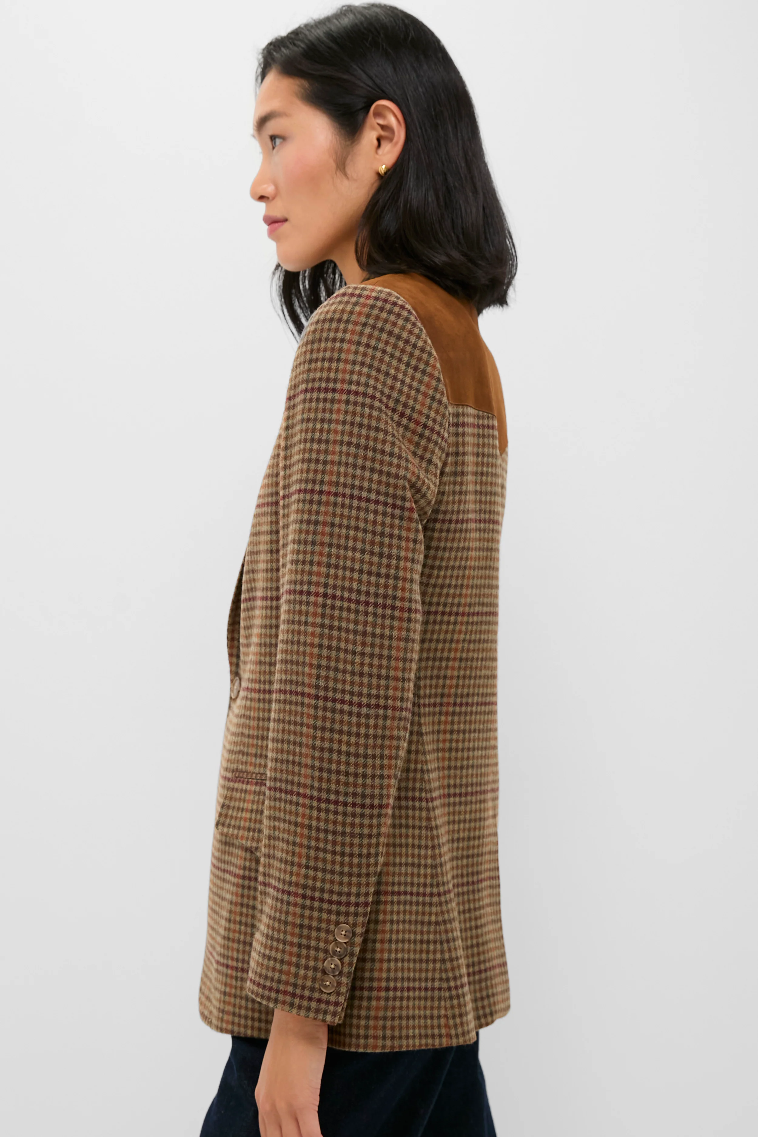 Olive Multi Houndstooth Merino Wool Tweed Woven Blazer - Image 3