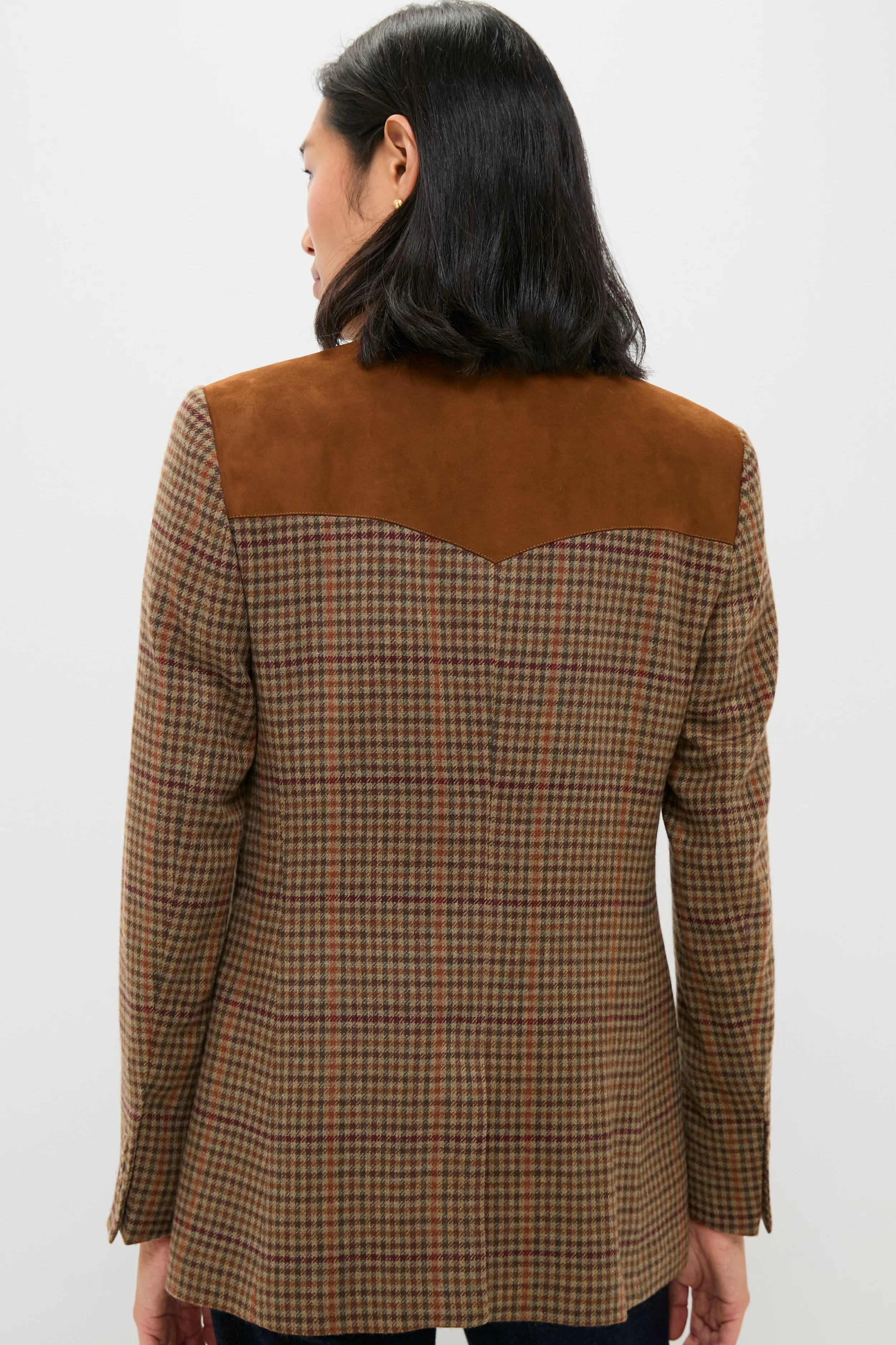 Olive Multi Houndstooth Merino Wool Tweed Woven Blazer - Image 4