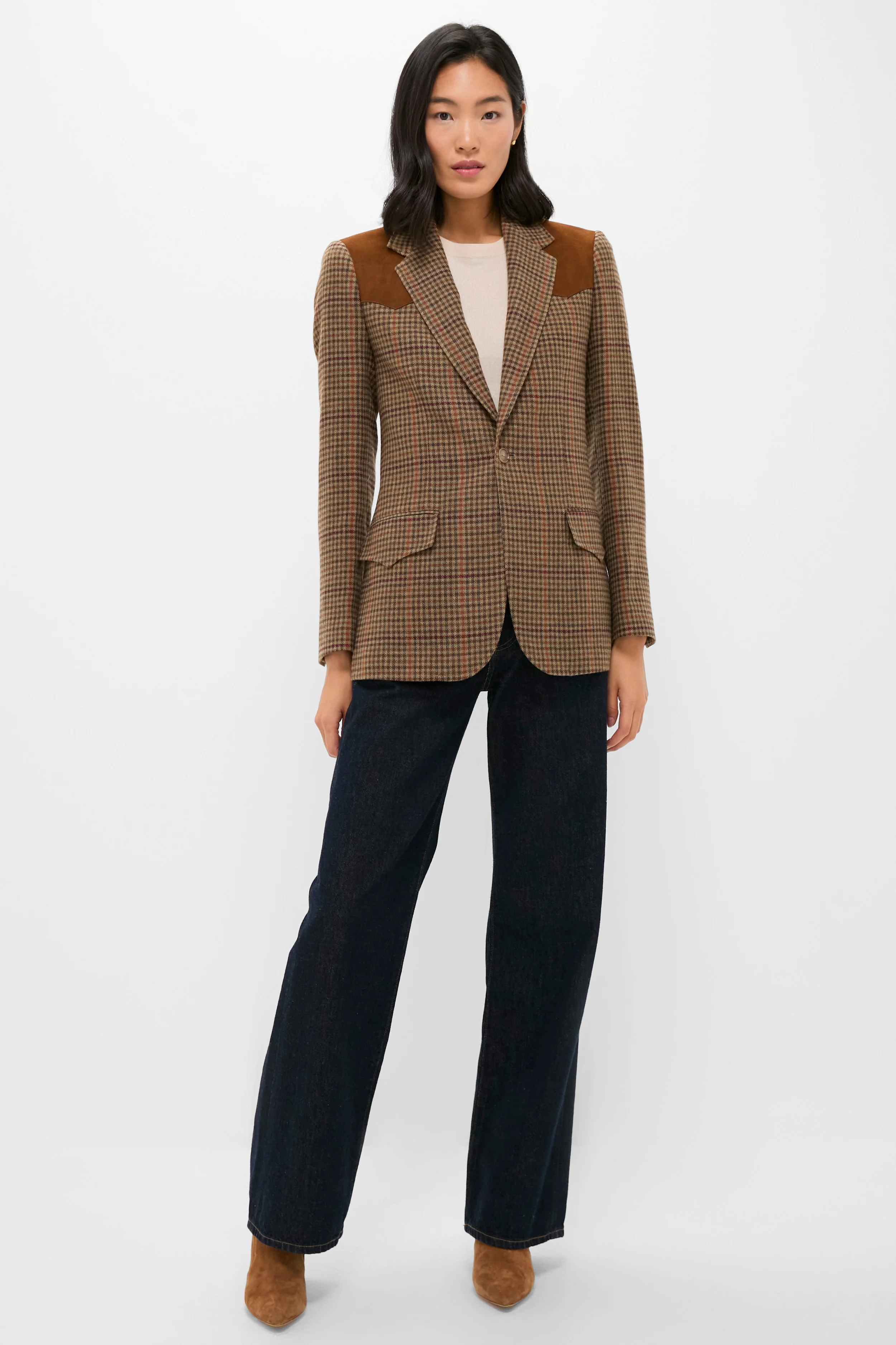Olive Multi Houndstooth Merino Wool Tweed Woven Blazer - Image 6