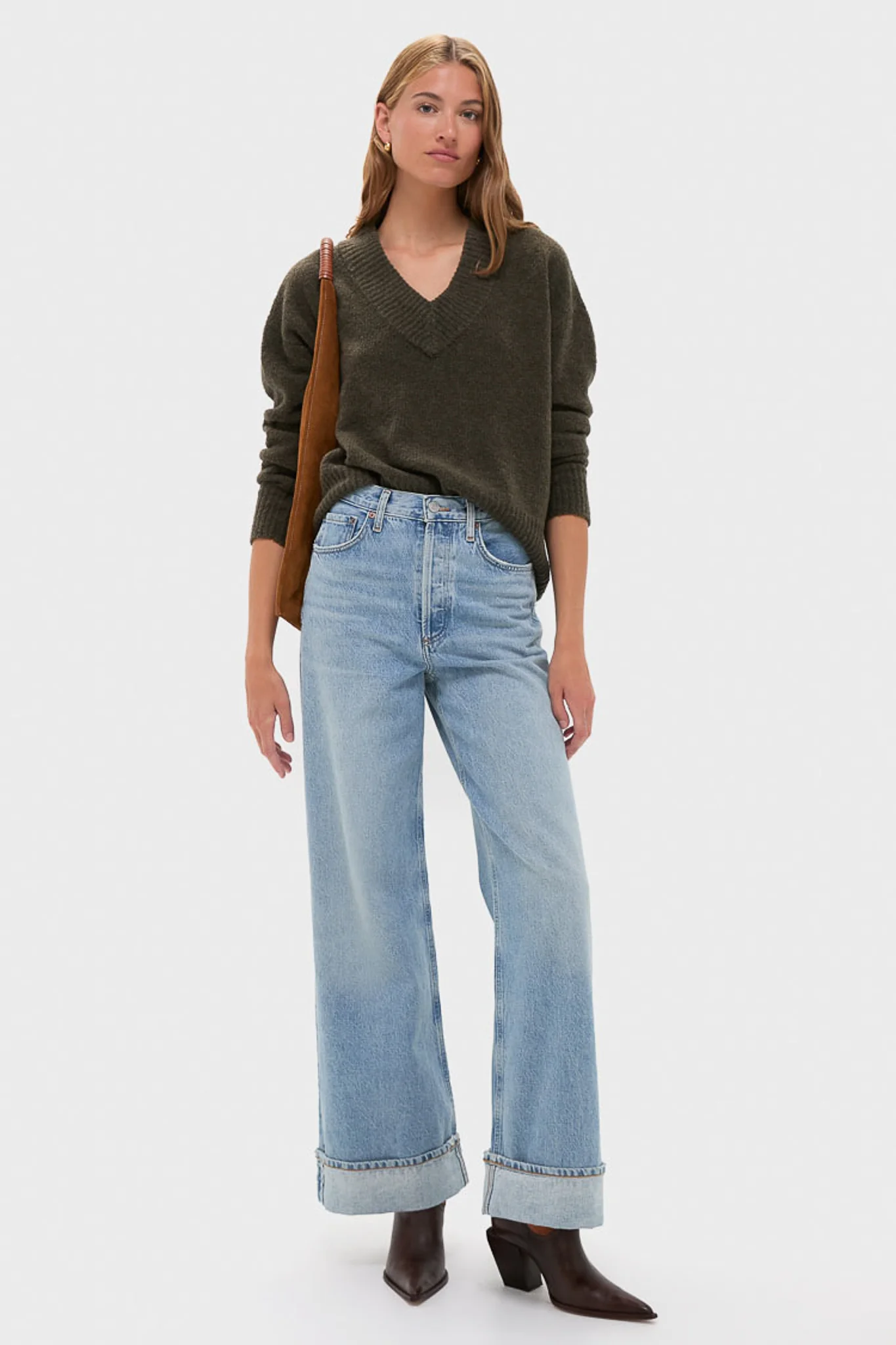 Olive Wool Boxy V-Neck Sweater - Image 2