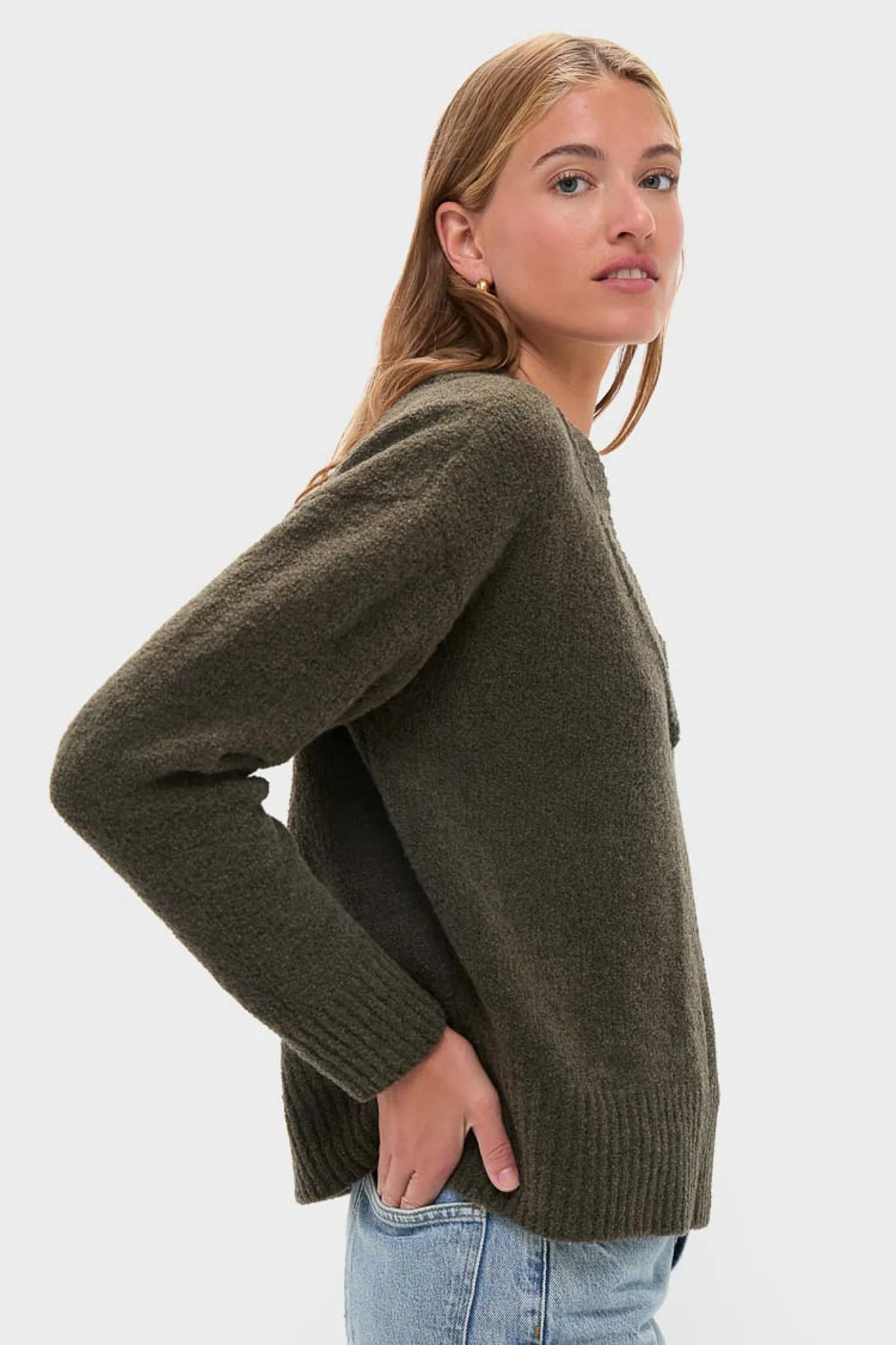 Olive Wool Boxy V-Neck Sweater - Image 3